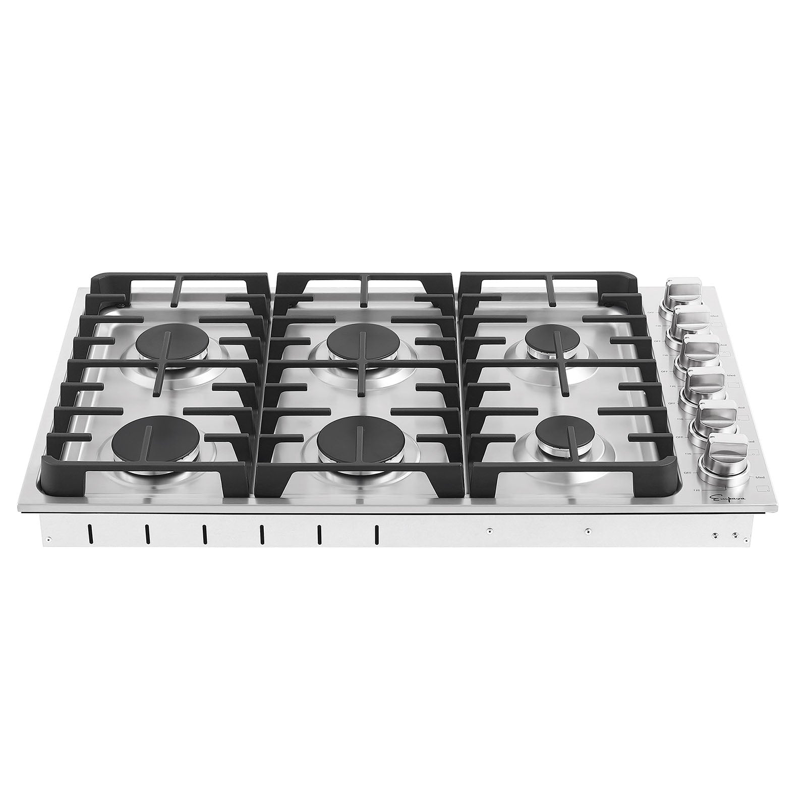 Empava 36 in. Built-in Gas Cooktop with six burners and cast-iron grates, showcasing a sleek stainless steel finish.