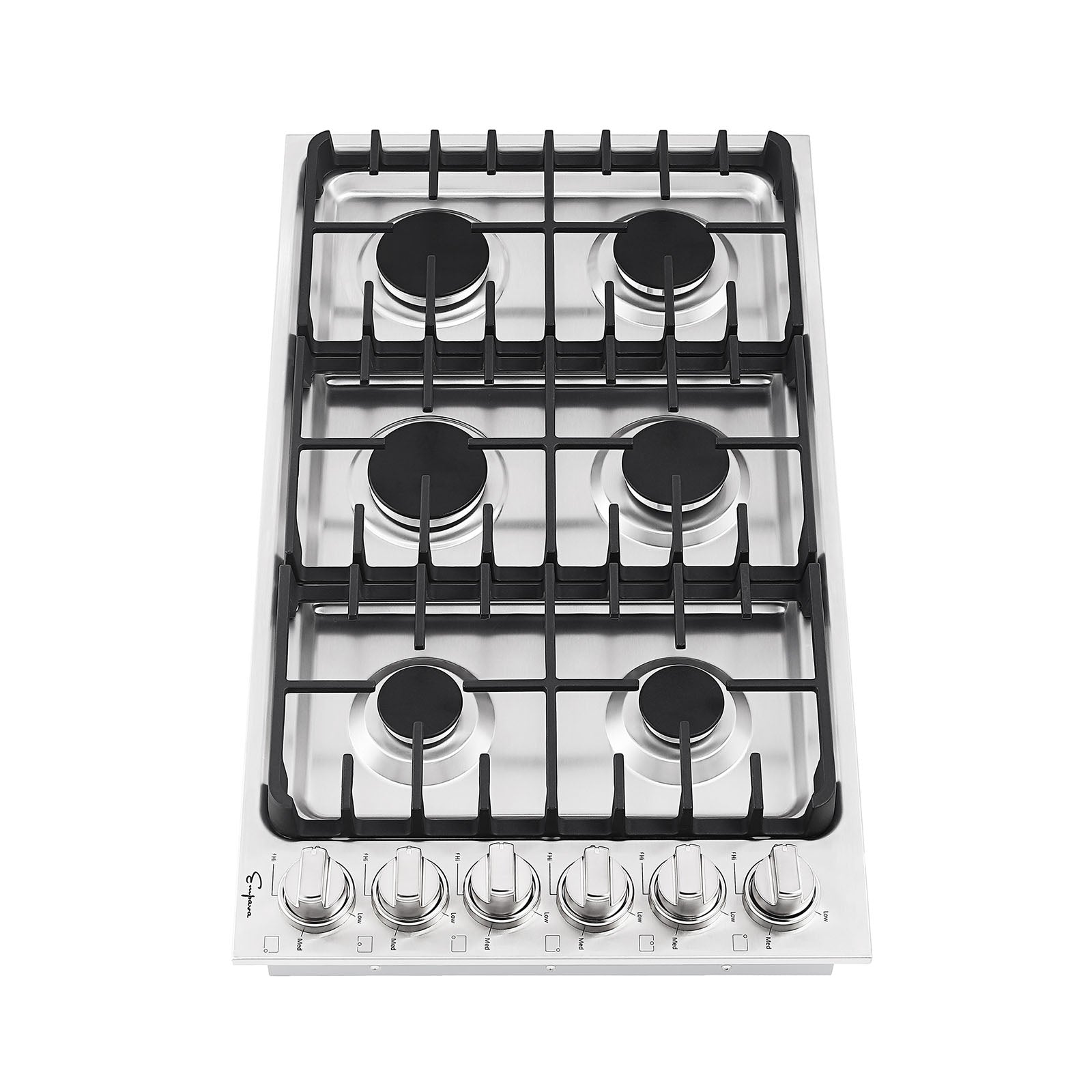 Empava 36 in. Built-in Gas Cooktop with six burners and cast-iron grates, showcasing a sleek stainless steel finish.