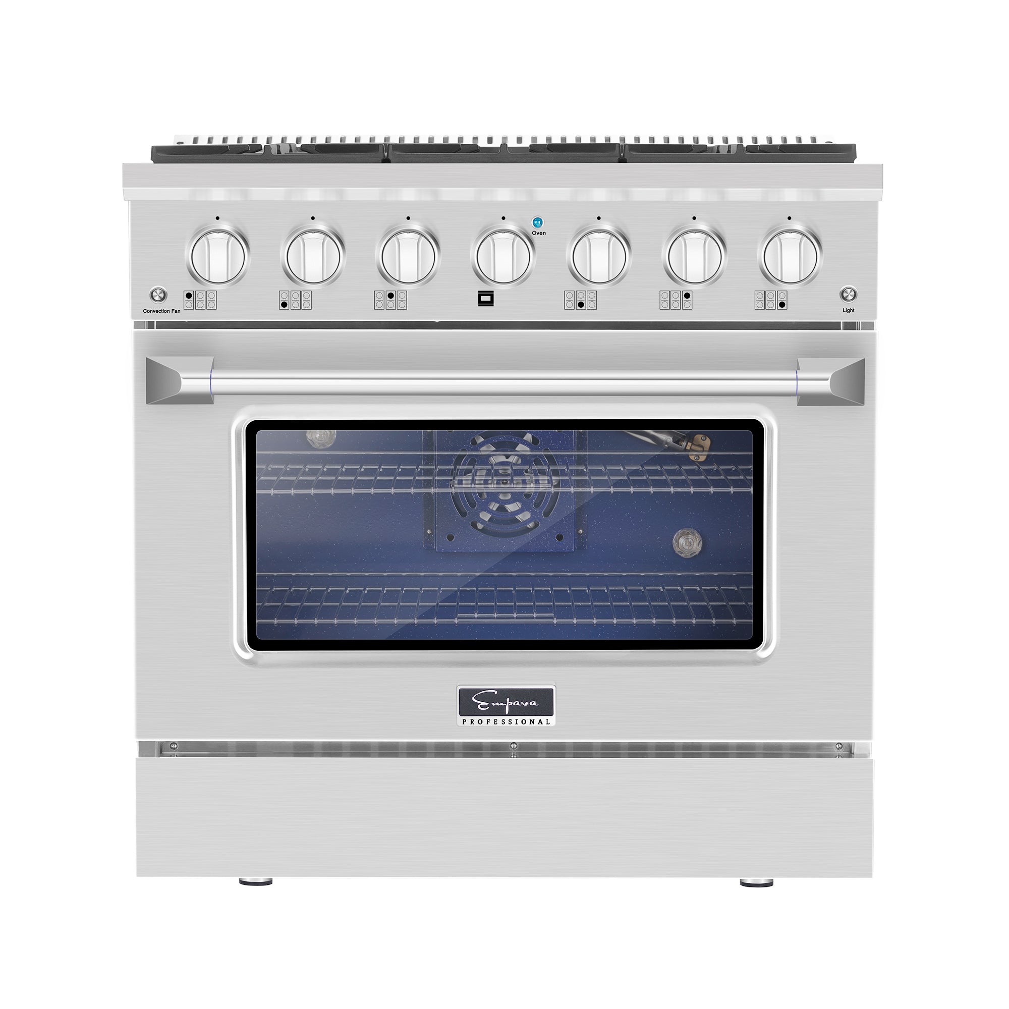 Empava 36GR08 Pro-Style Slide-In Single Oven Gas Range with six burners and stainless-steel finish.