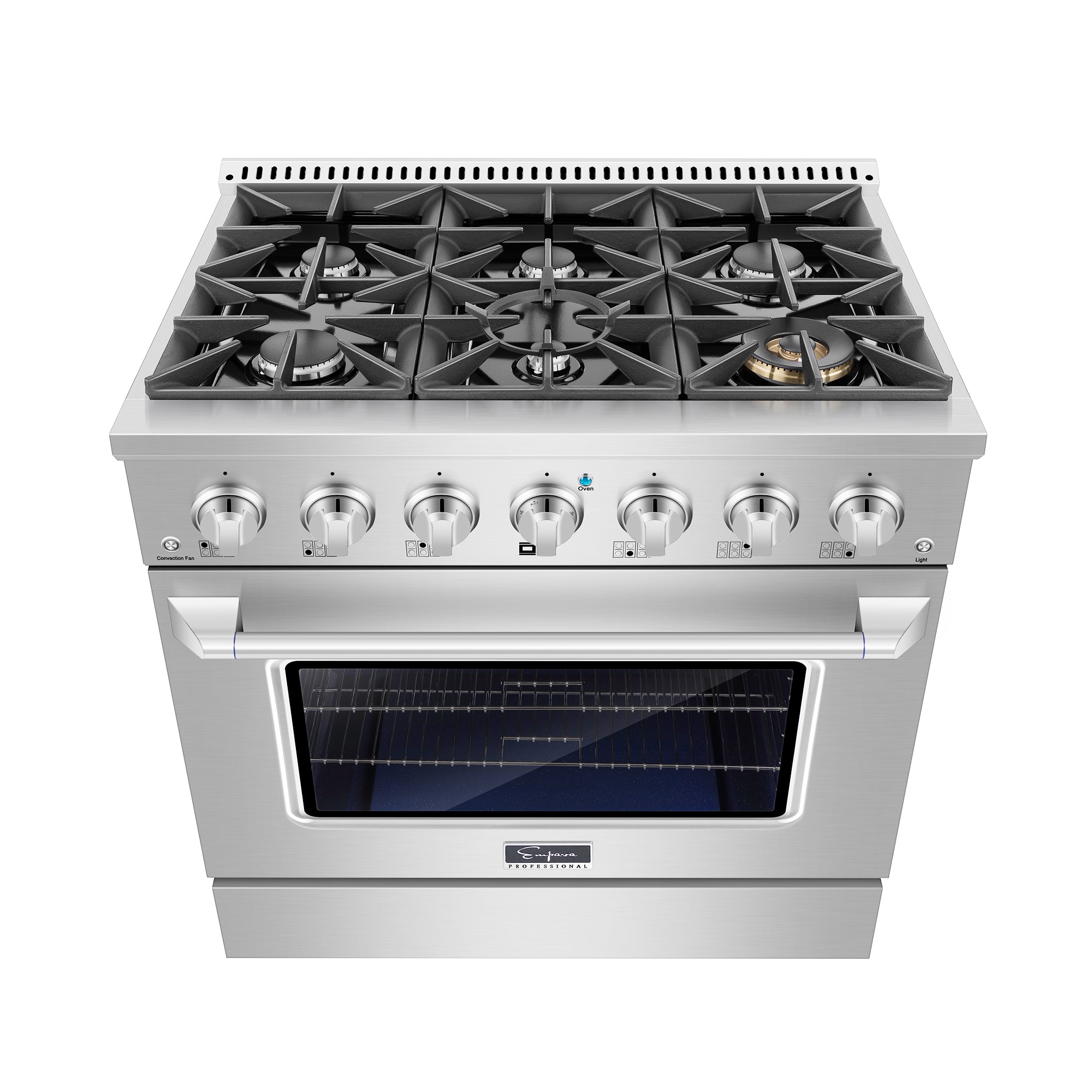 Empava 36GR08 Pro-Style Slide-In Single Oven Gas Range with six burners and stainless-steel finish.