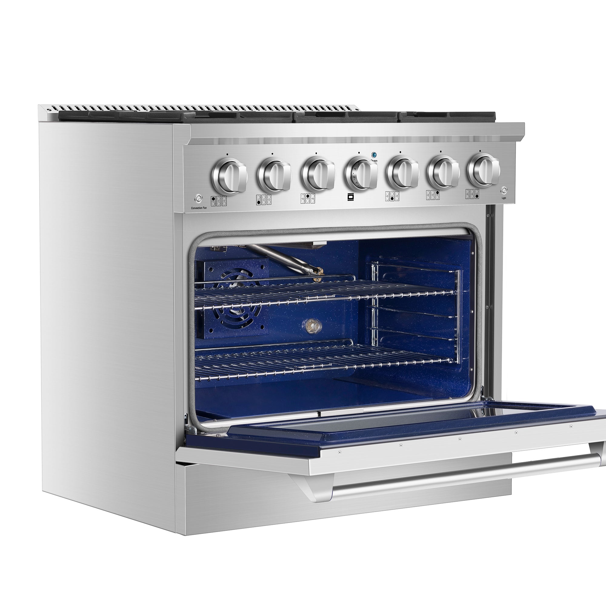 Empava 36GR08 Pro-Style Slide-In Single Oven Gas Range with six burners and stainless-steel finish.