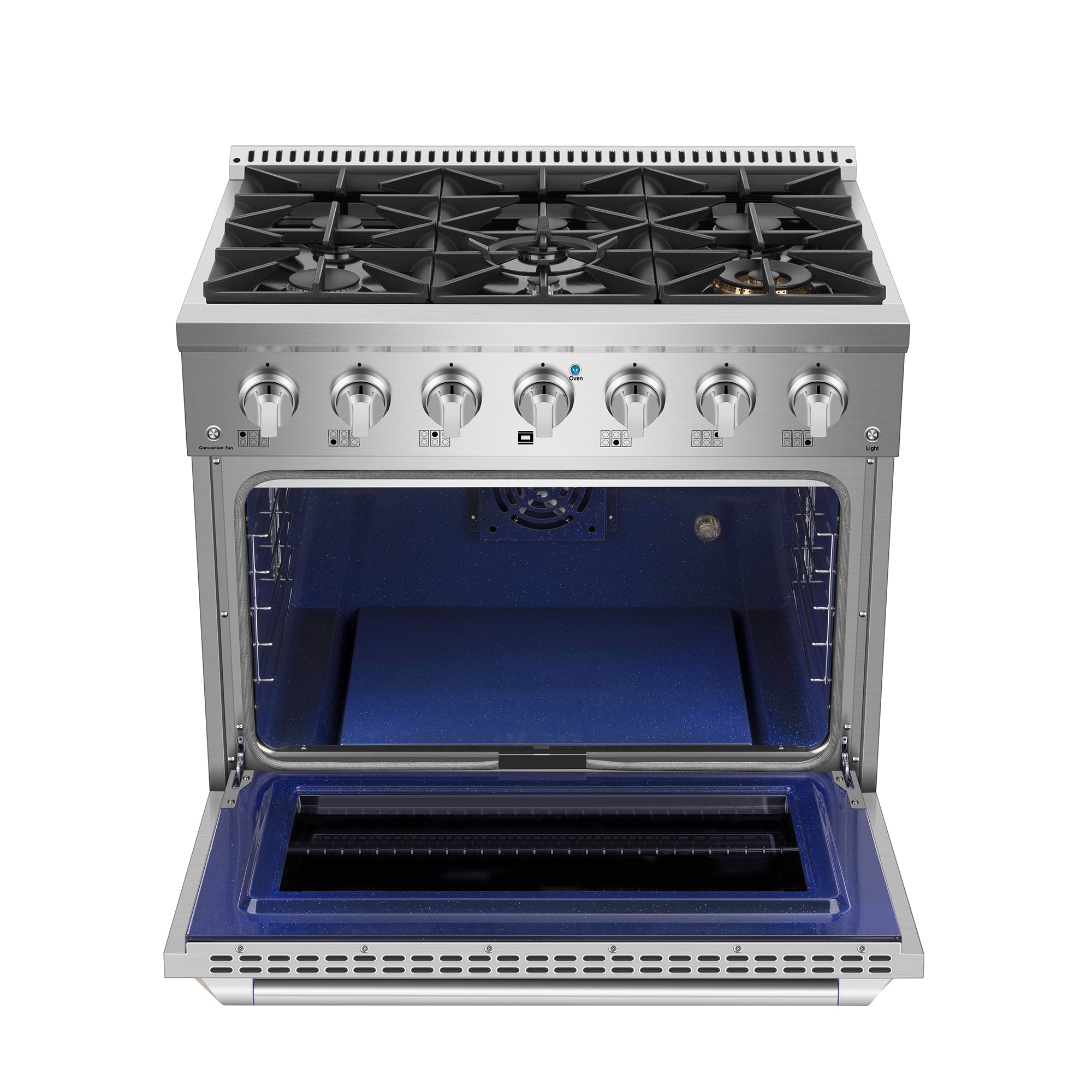 Empava 36GR08 Pro-Style Slide-In Single Oven Gas Range with six burners and stainless-steel finish.