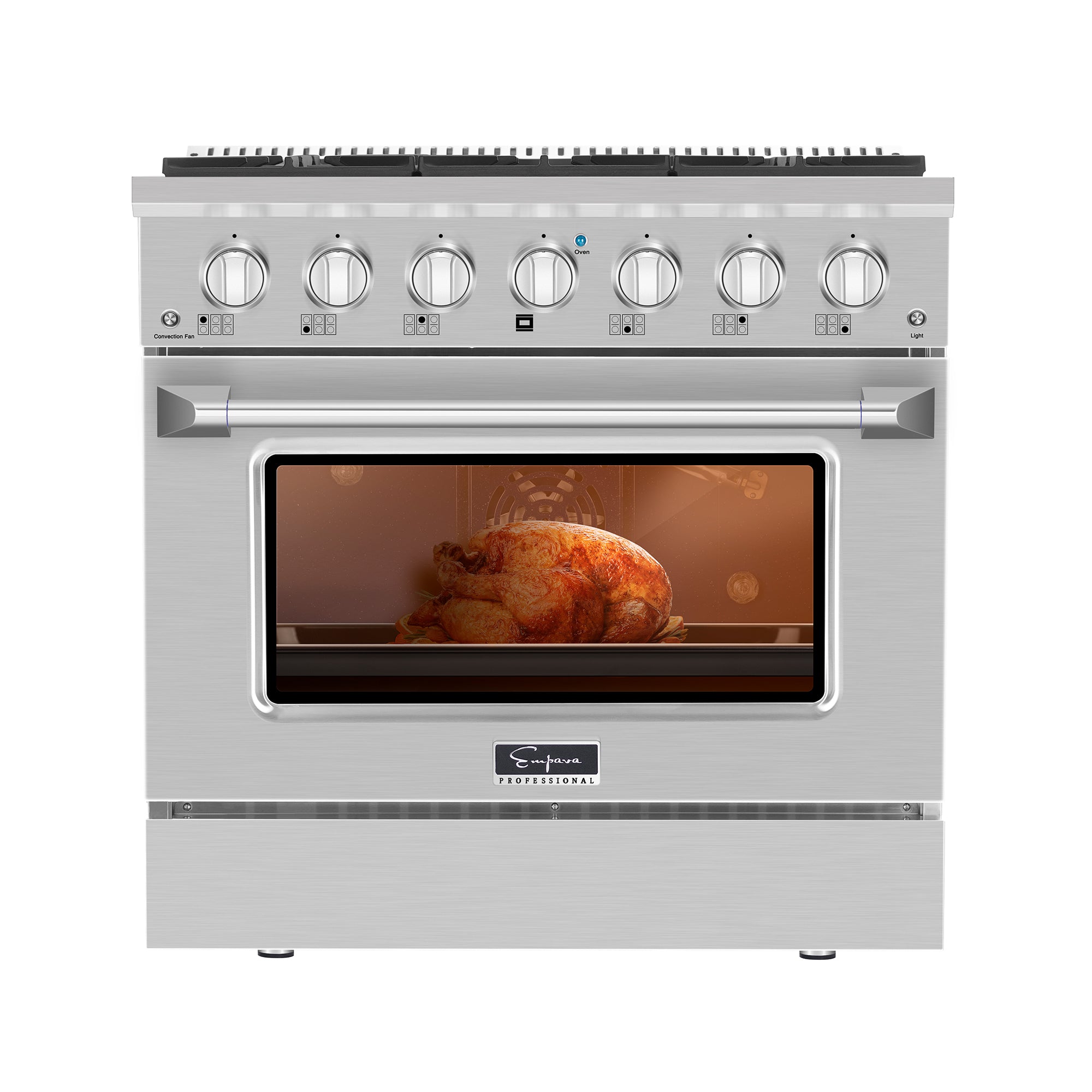 Empava 36GR08 Pro-Style Slide-In Single Oven Gas Range with six burners and stainless-steel finish.