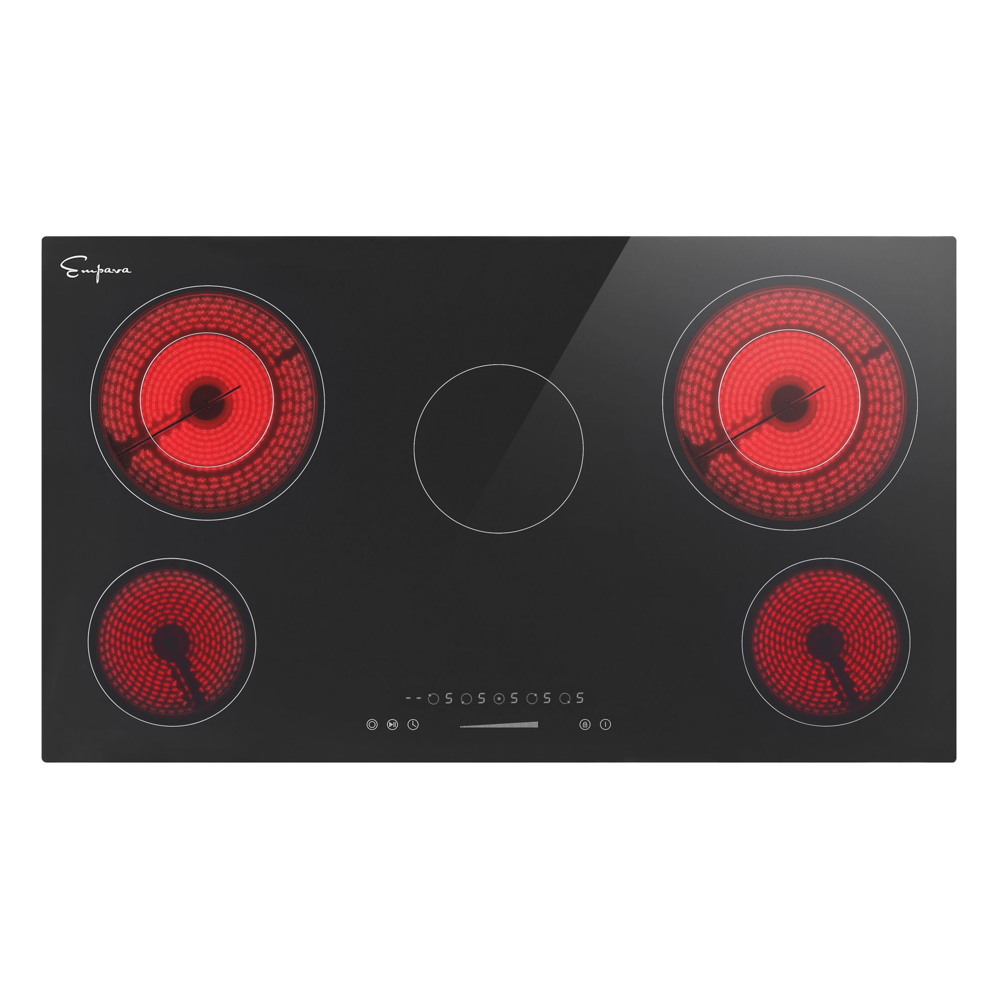 Empava 36REC14 36 Inch Black Electric Radiant Cooktop with five burners and sleek black glass surface.