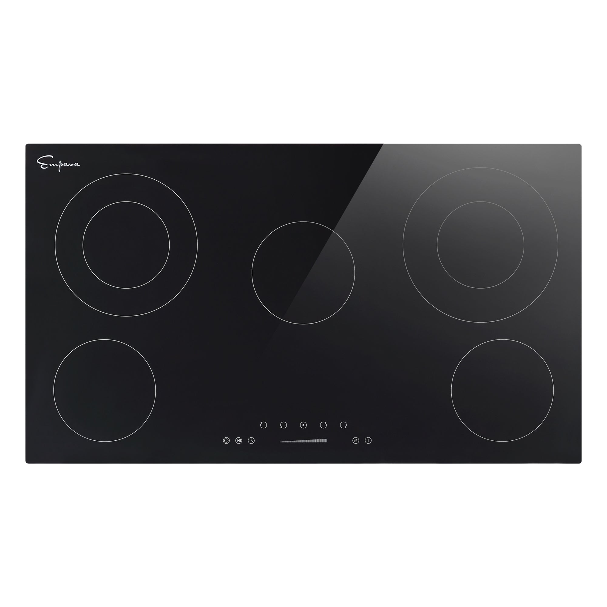 Empava 36REC14 36 Inch Black Electric Radiant Cooktop with five burners and sleek black glass surface.