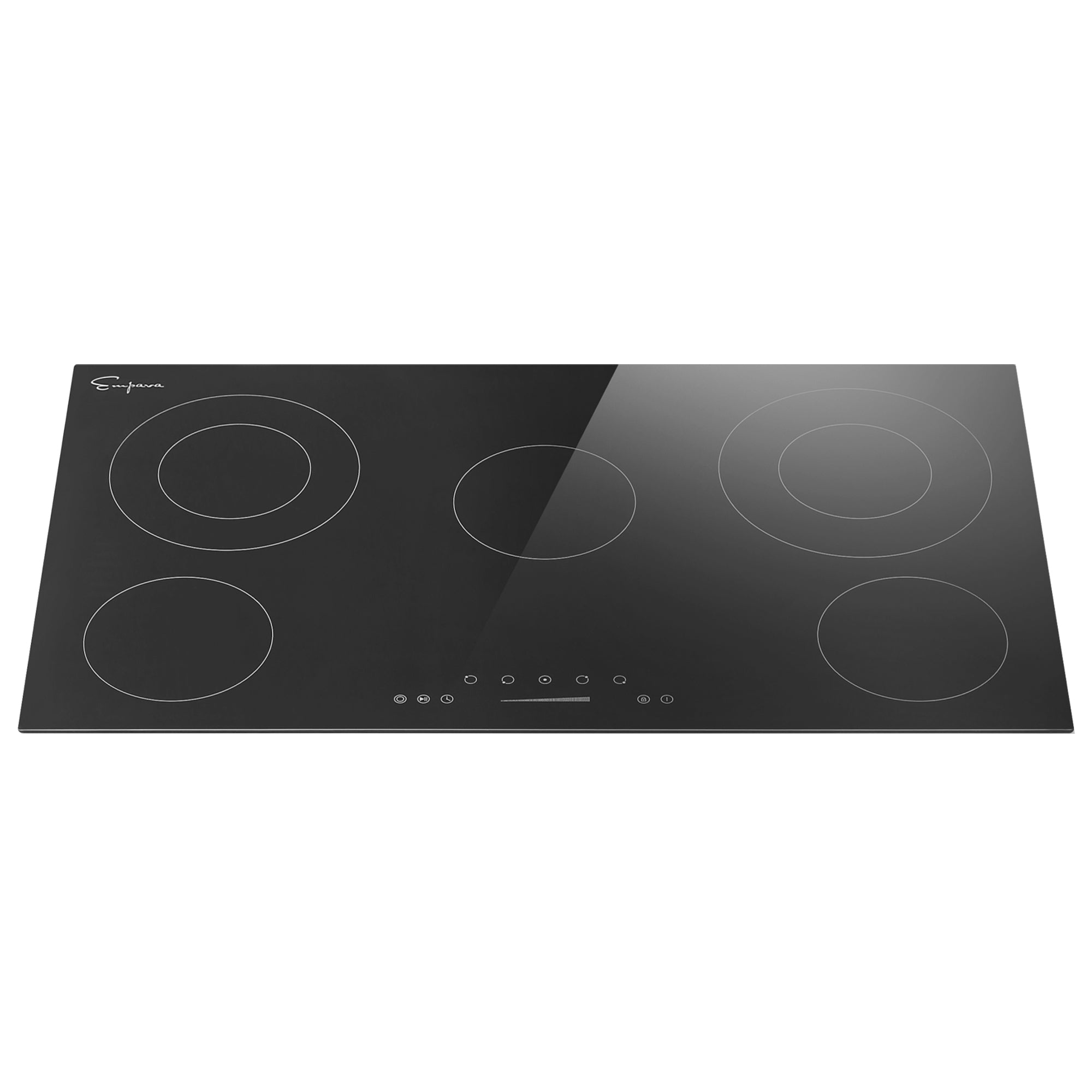 Empava 36REC14 36 Inch Black Electric Radiant Cooktop with five burners and sleek black glass surface.