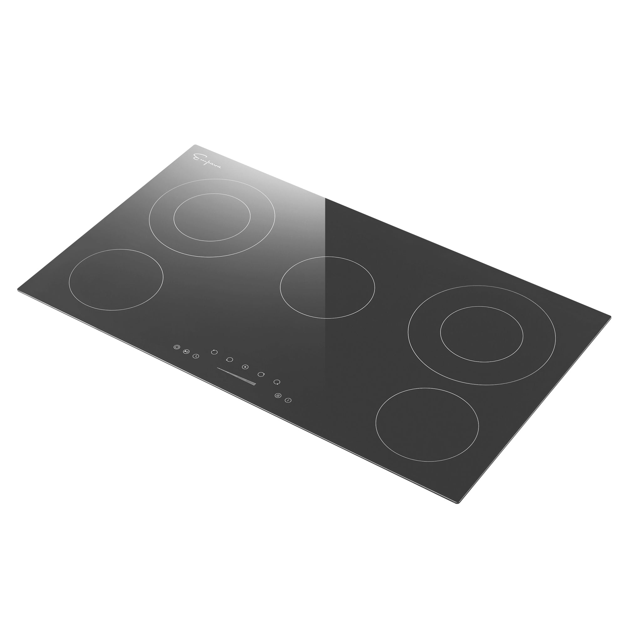 Empava 36REC14 36 Inch Black Electric Radiant Cooktop with five burners and sleek black glass surface.