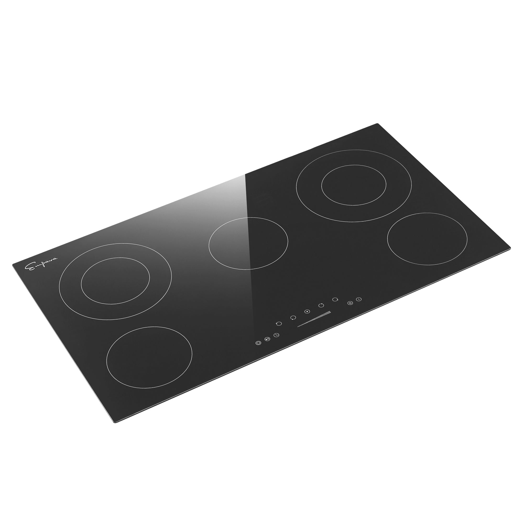 Empava 36REC14 36 Inch Black Electric Radiant Cooktop with five burners and sleek black glass surface.