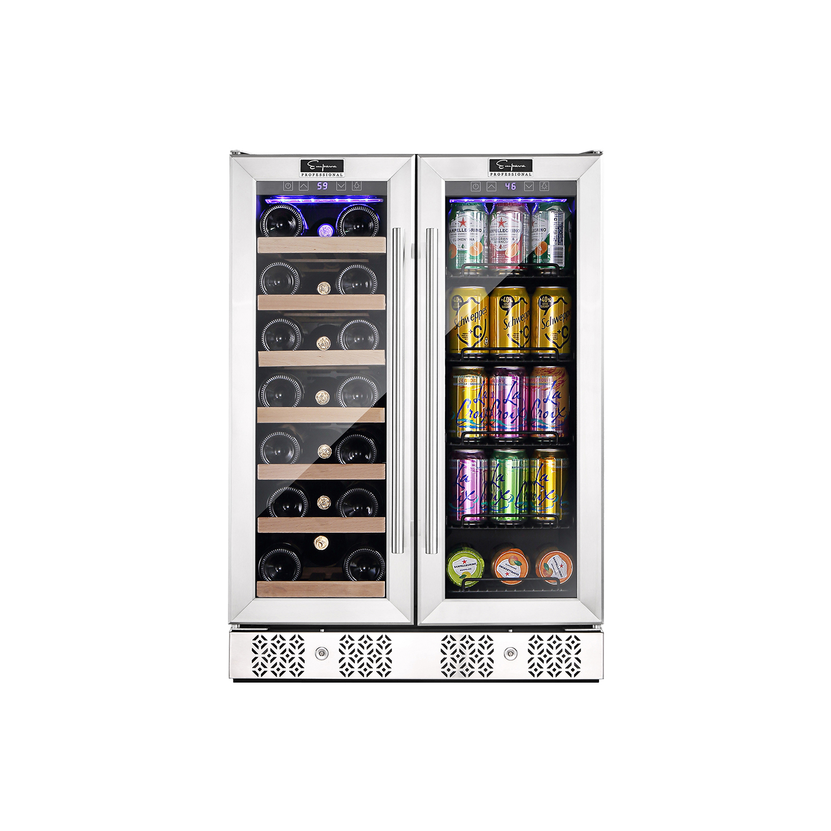 Empava BR03D 24" Dual Zone Wine Cooler & Beverage Fridge with glass door and adjustable shelves, showcasing wine bottles and cans.