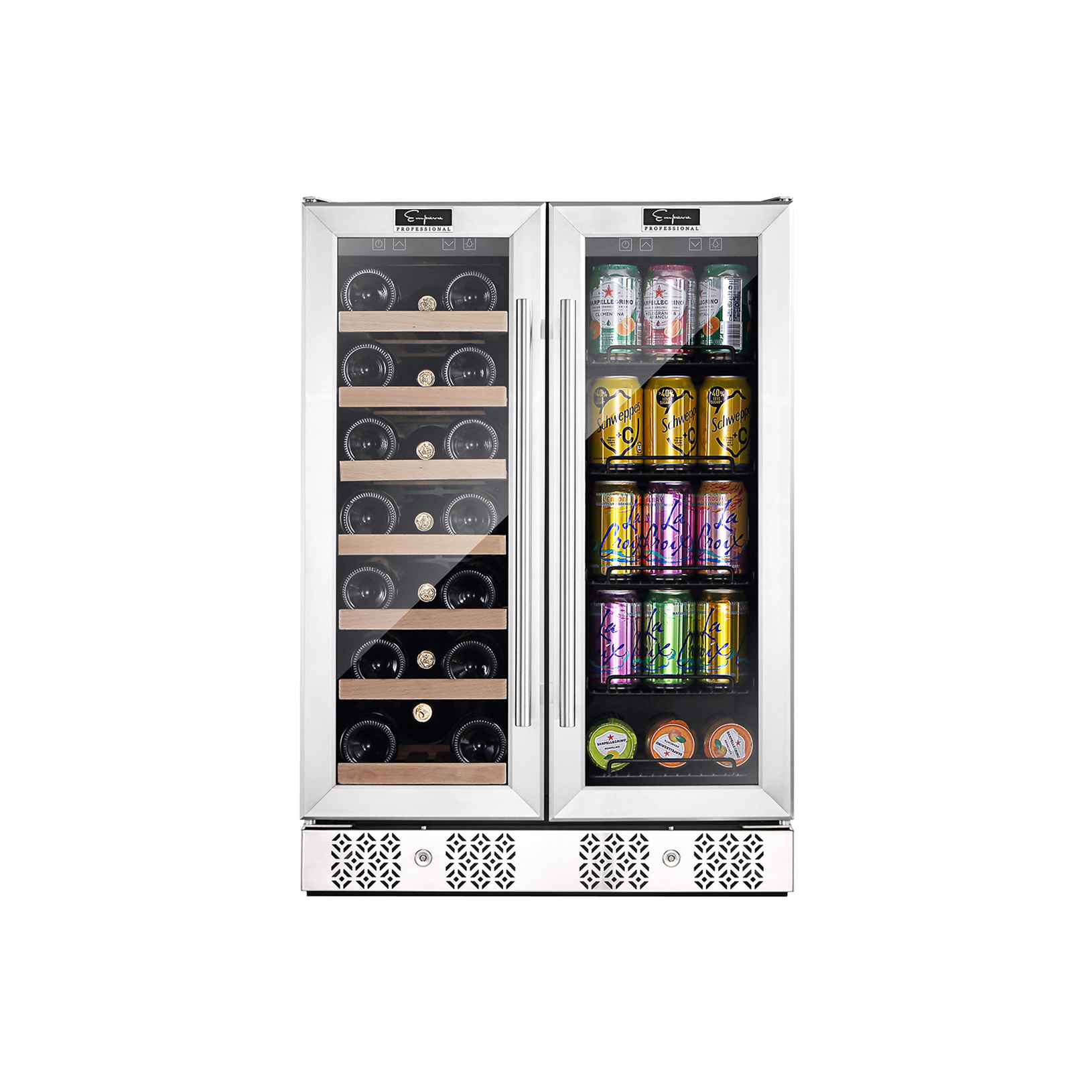 Empava BR03D 24" Dual Zone Wine Cooler & Beverage Fridge with glass door and adjustable shelves, showcasing wine bottles and cans.