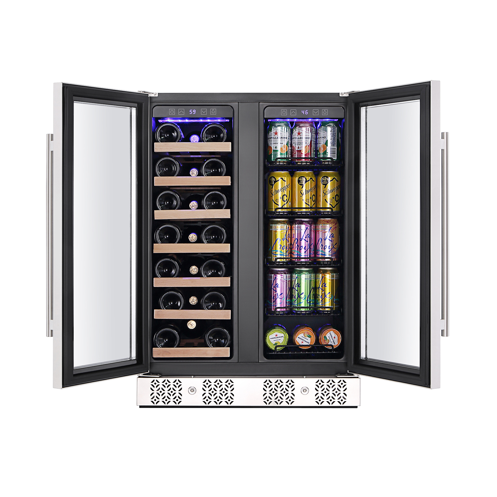 Empava BR03D 24" Dual Zone Wine Cooler & Beverage Fridge with glass door and adjustable shelves, showcasing wine bottles and cans.