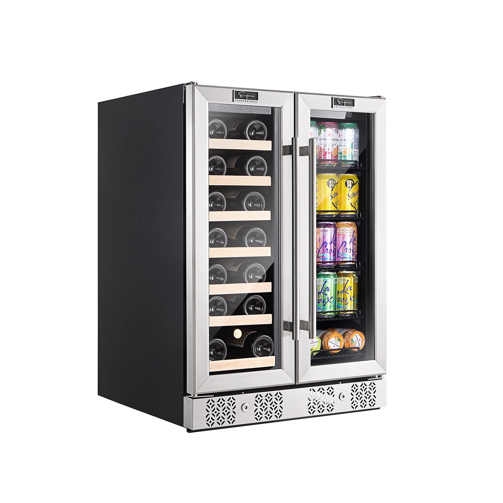 Empava BR03D 24" Dual Zone Wine Cooler & Beverage Fridge with glass door and adjustable shelves, showcasing wine bottles and cans.