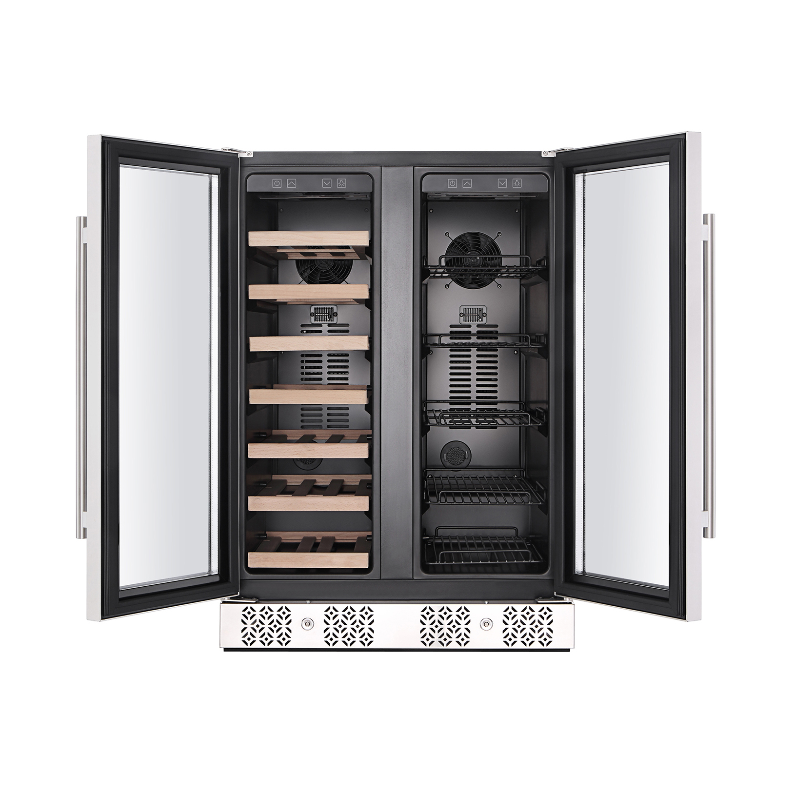 Empava BR03D 24" Dual Zone Wine Cooler & Beverage Fridge with glass door and adjustable shelves, showcasing wine bottles and cans.