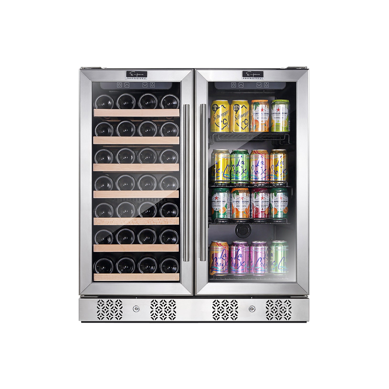 Empava BR04D Dual Zone Wine & Beverage Cooler Fridge with stainless steel finish and glass door, showcasing wine bottles inside.