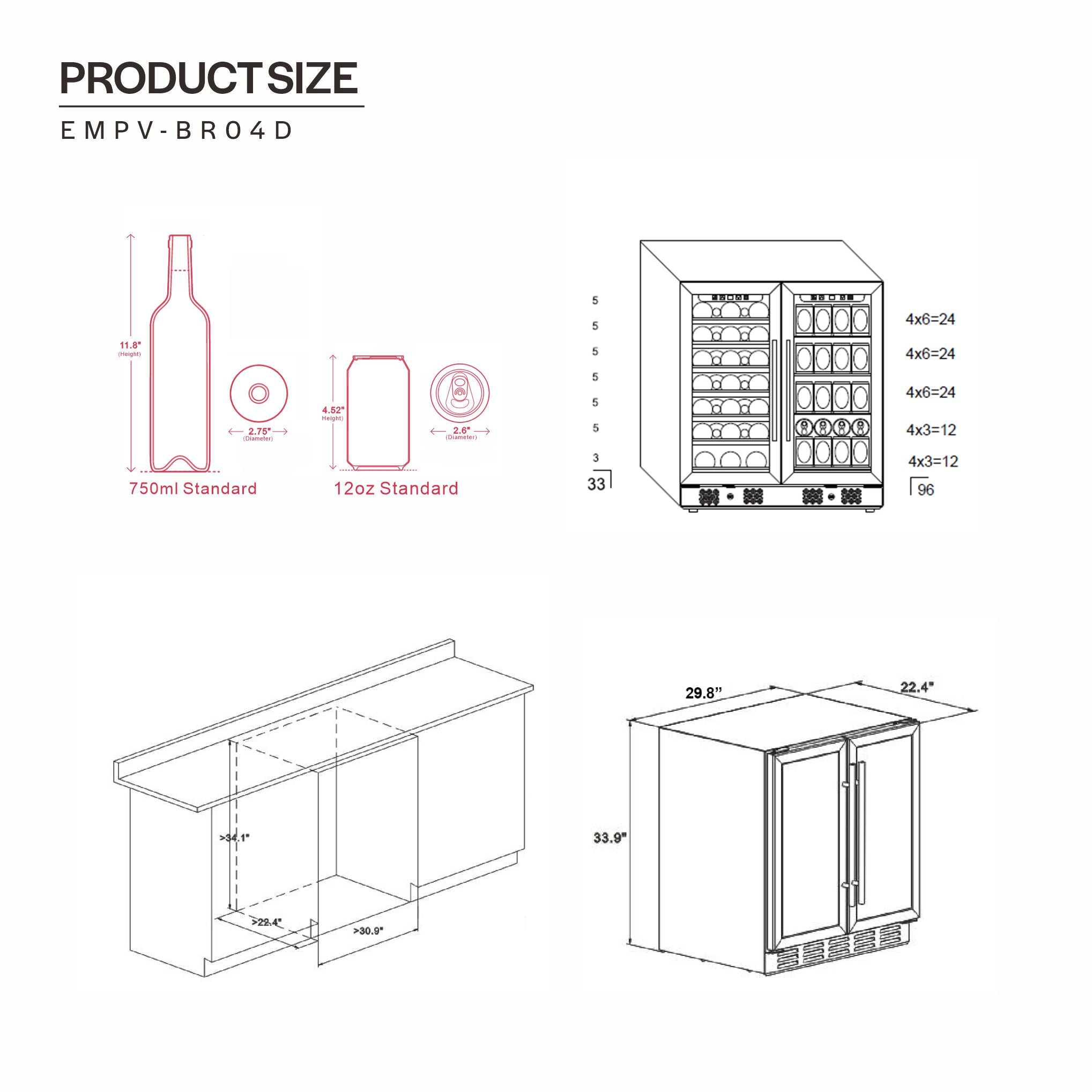 Empava BR04D Dual Zone Wine & Beverage Cooler Fridge with stainless steel finish and glass door, showcasing wine bottles inside.