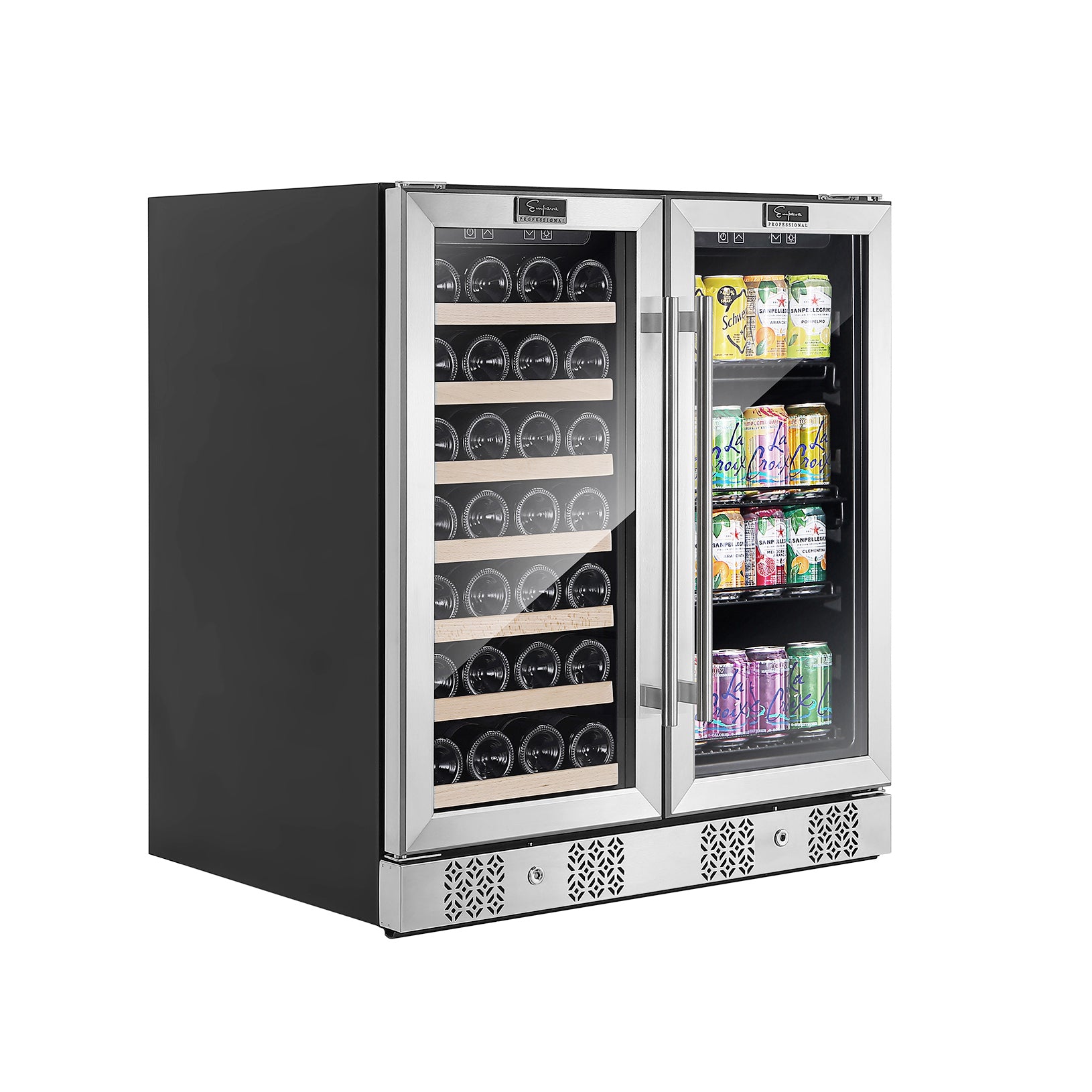 Empava BR04D Dual Zone Wine & Beverage Cooler Fridge with stainless steel finish and glass door, showcasing wine bottles inside.