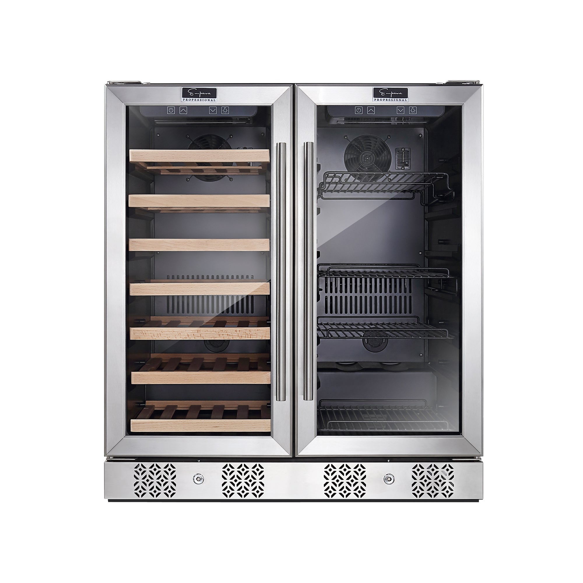 Empava BR04D Dual Zone Wine & Beverage Cooler Fridge with stainless steel finish and glass door, showcasing wine bottles inside.