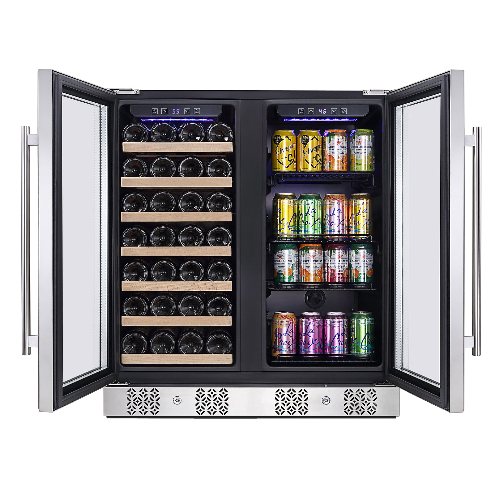 Empava BR04D Dual Zone Wine & Beverage Cooler Fridge with stainless steel finish and glass door, showcasing wine bottles inside.