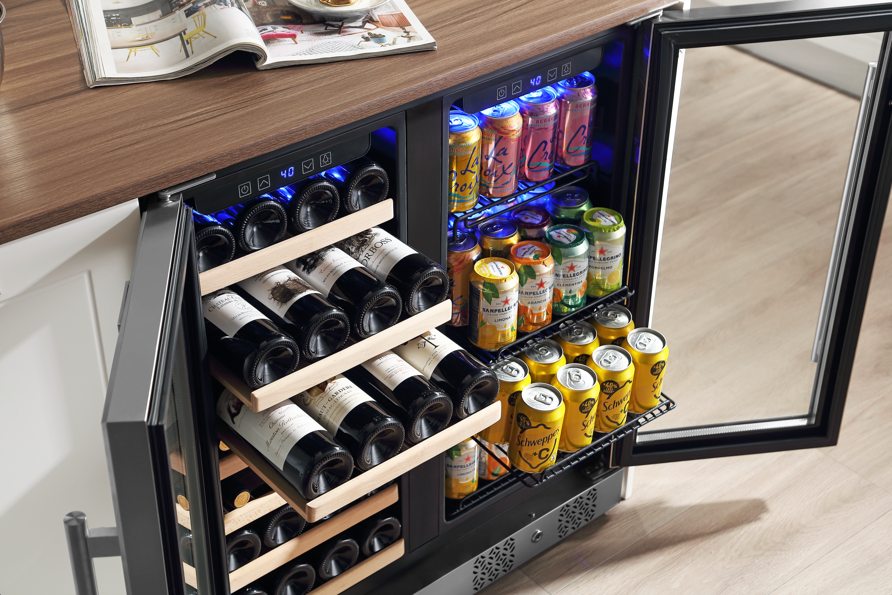 Empava BR04D Dual Zone Wine & Beverage Cooler Fridge with stainless steel finish and glass door, showcasing wine bottles inside.