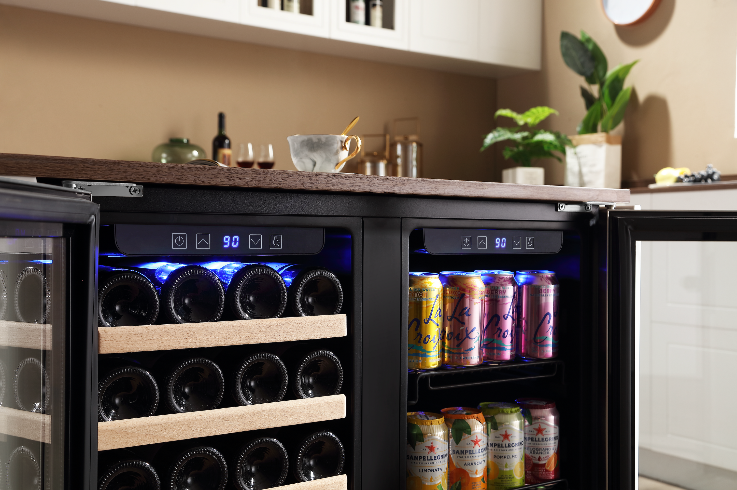 Empava BR04D Dual Zone Wine & Beverage Cooler Fridge with stainless steel finish and glass door, showcasing wine bottles inside.