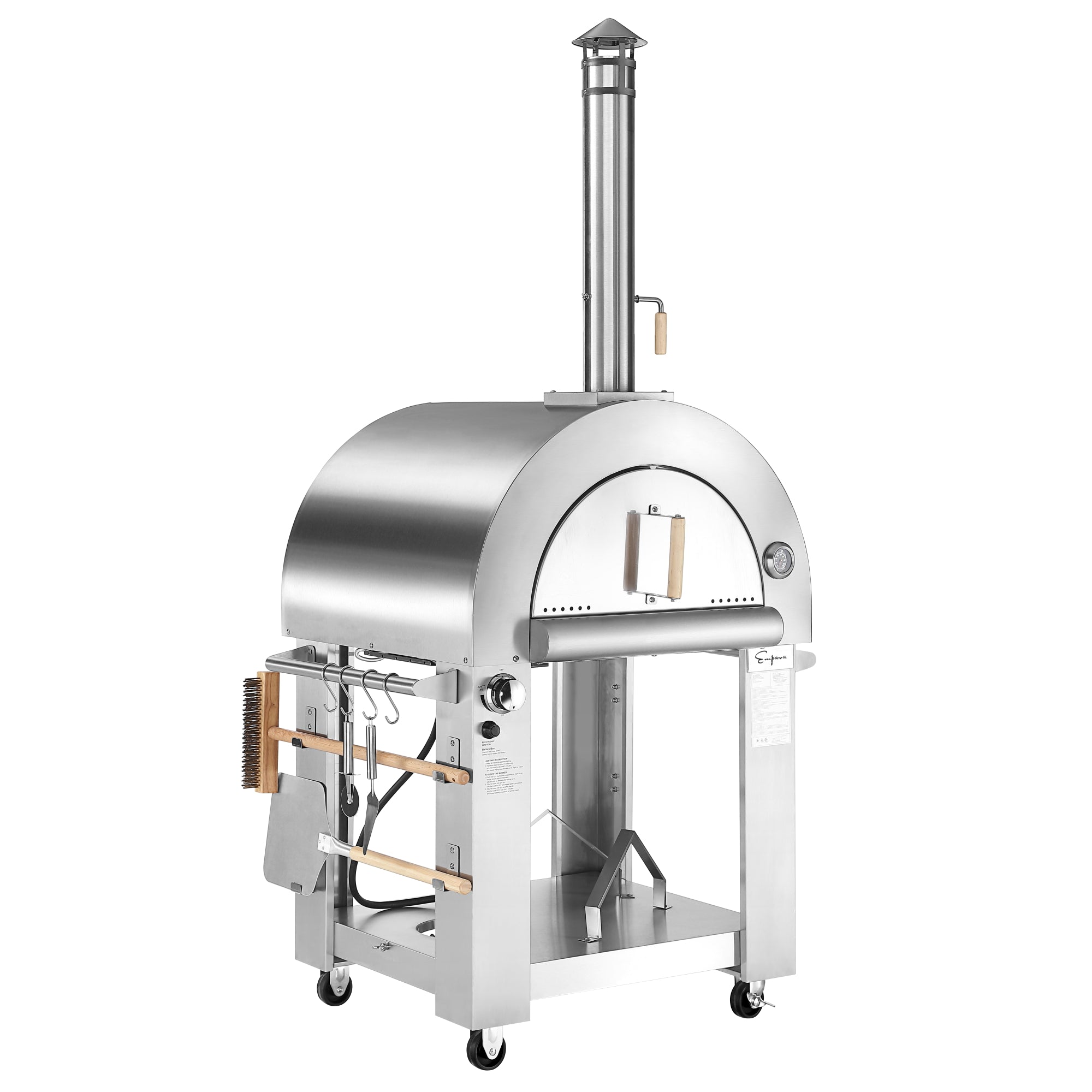 Empava PG03 Outdoor Wood Fired and Gas Pizza Oven showcasing its stainless steel design and cooking area.