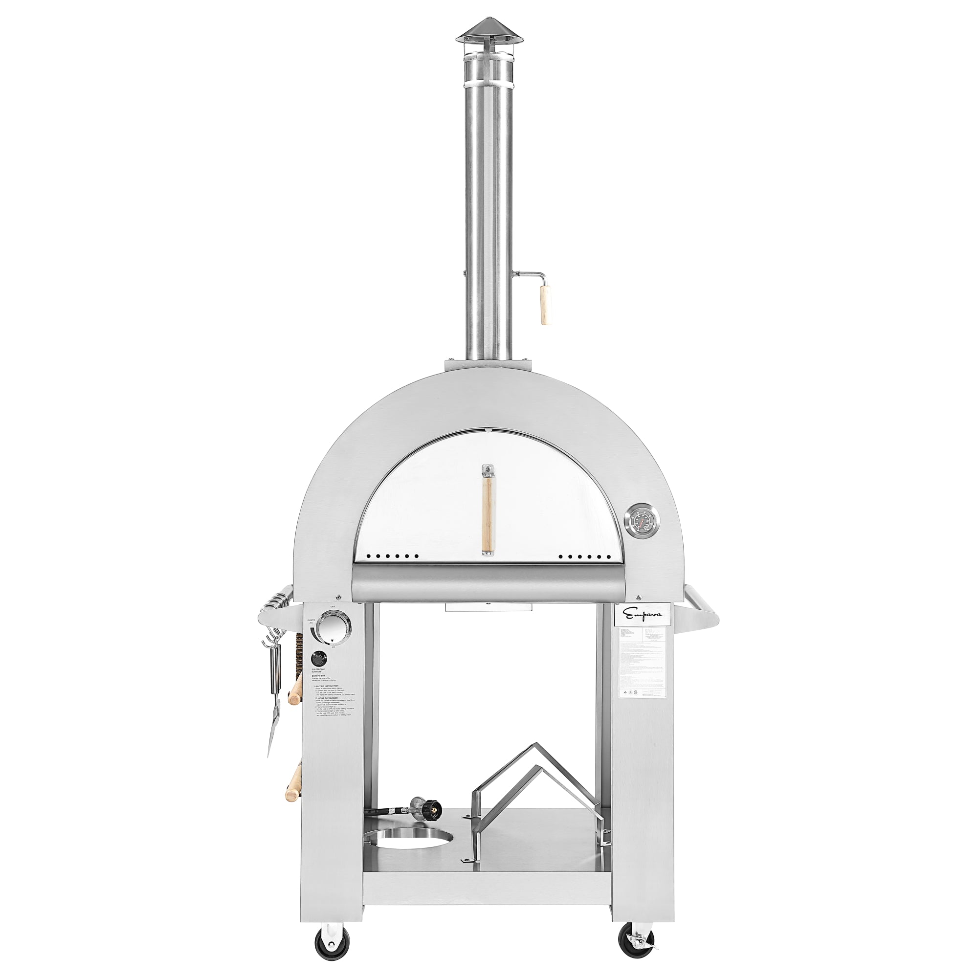 Empava PG03 Outdoor Wood Fired and Gas Pizza Oven showcasing its stainless steel design and cooking area.