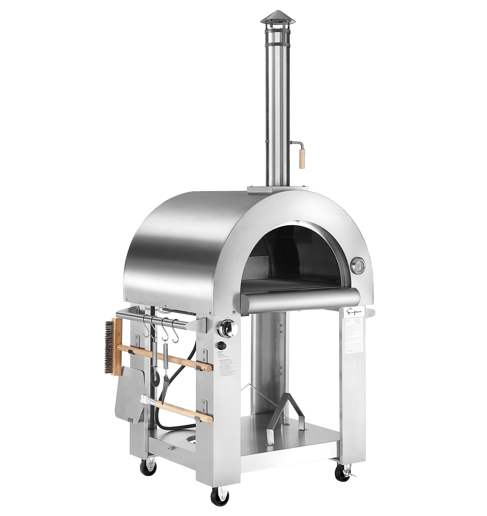 Empava PG03 Outdoor Wood Fired and Gas Pizza Oven showcasing its stainless steel design and cooking area.