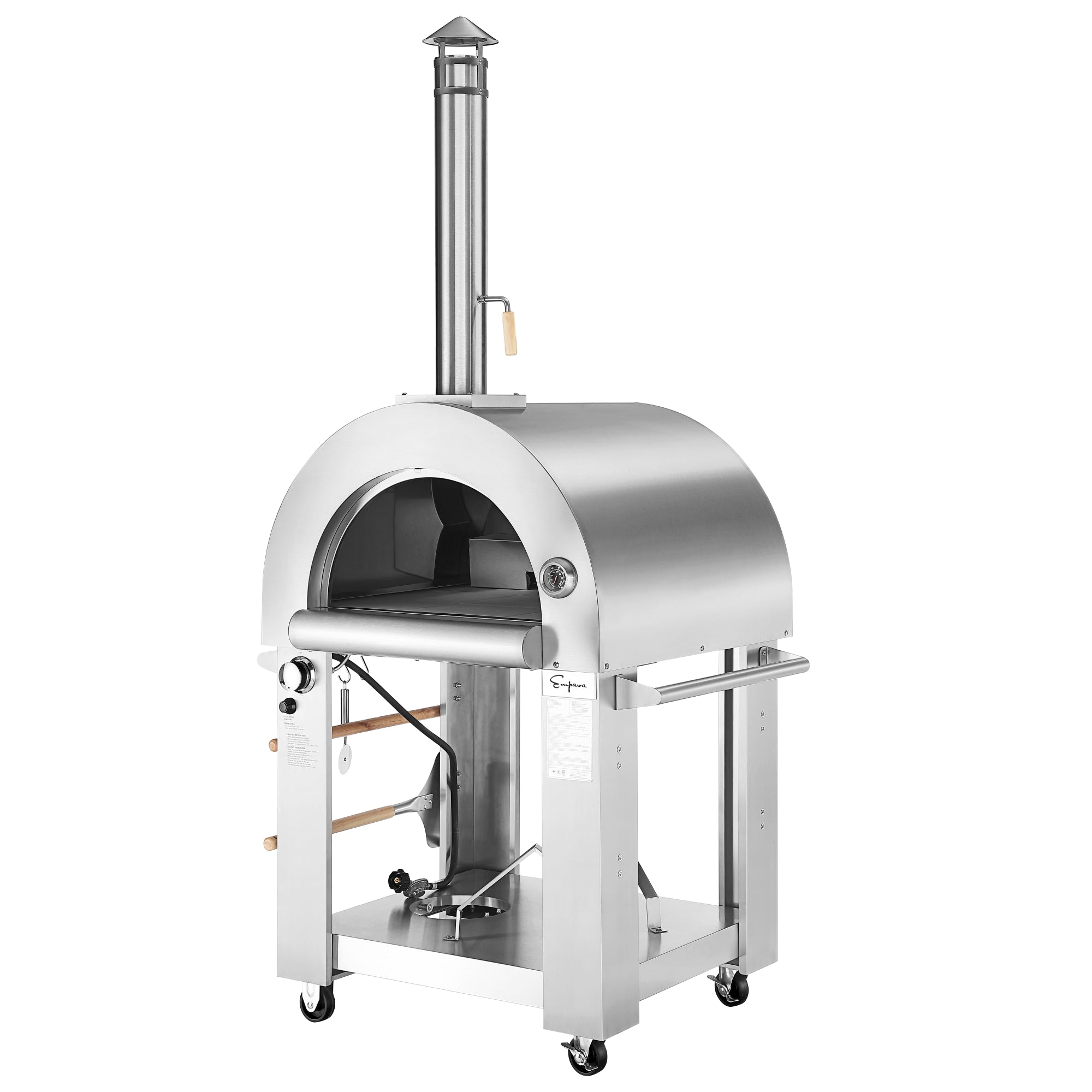 Empava PG03 Outdoor Wood Fired and Gas Pizza Oven showcasing its stainless steel design and cooking area.