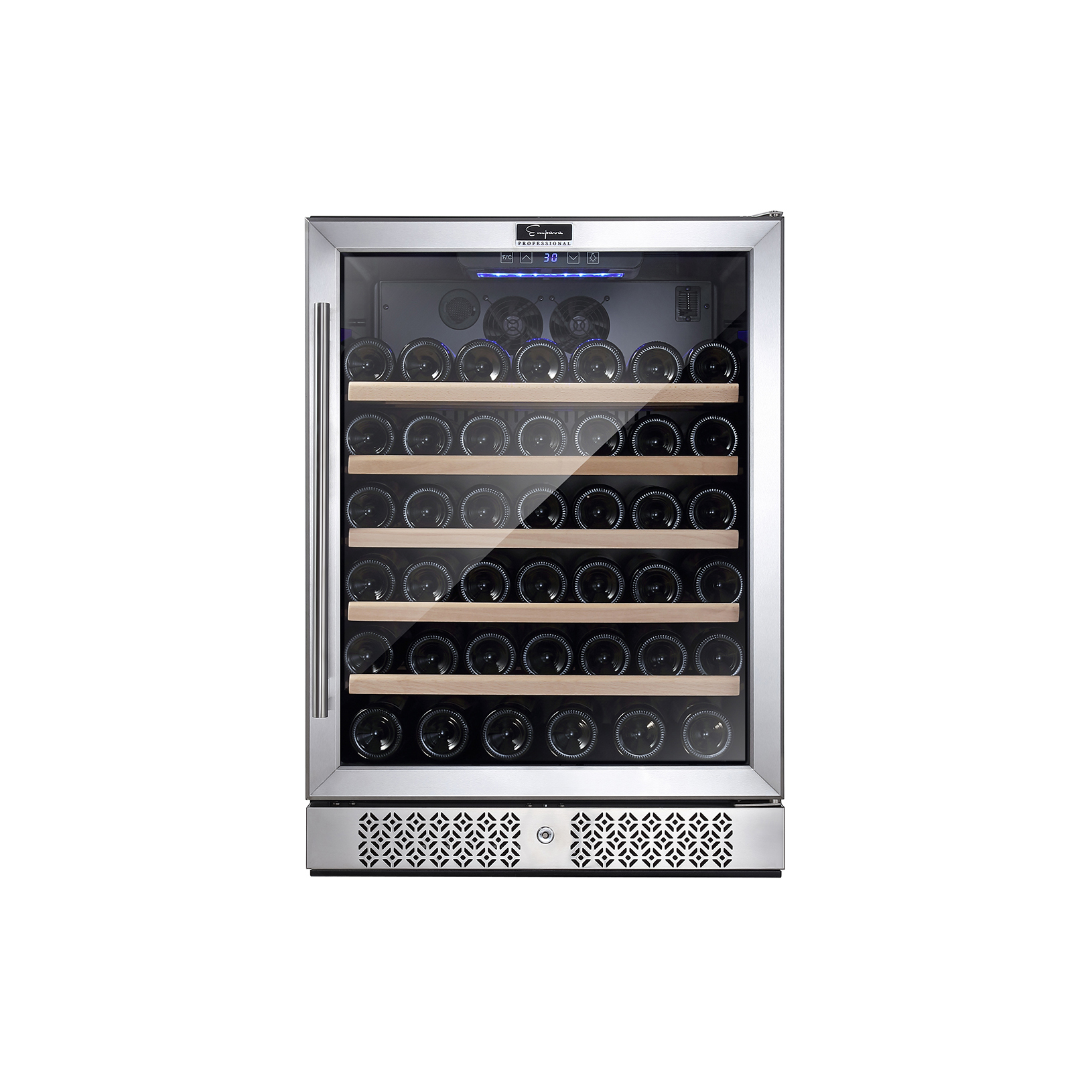 Empava WC03S 24 Inch Wine Cooler with a sleek stainless steel finish, showcasing its capacity to hold 52 bottles.