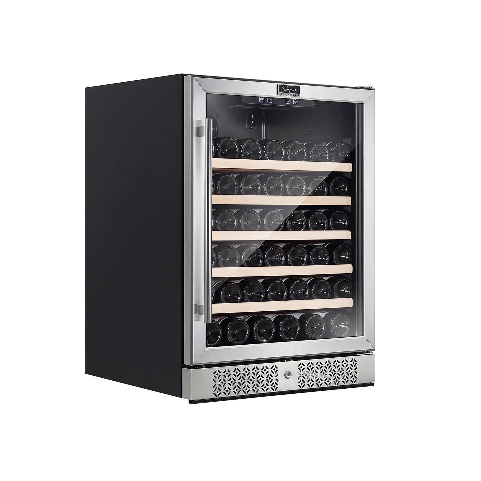 Empava WC03S 24 Inch Wine Cooler with a sleek stainless steel finish, showcasing its capacity to hold 52 bottles.