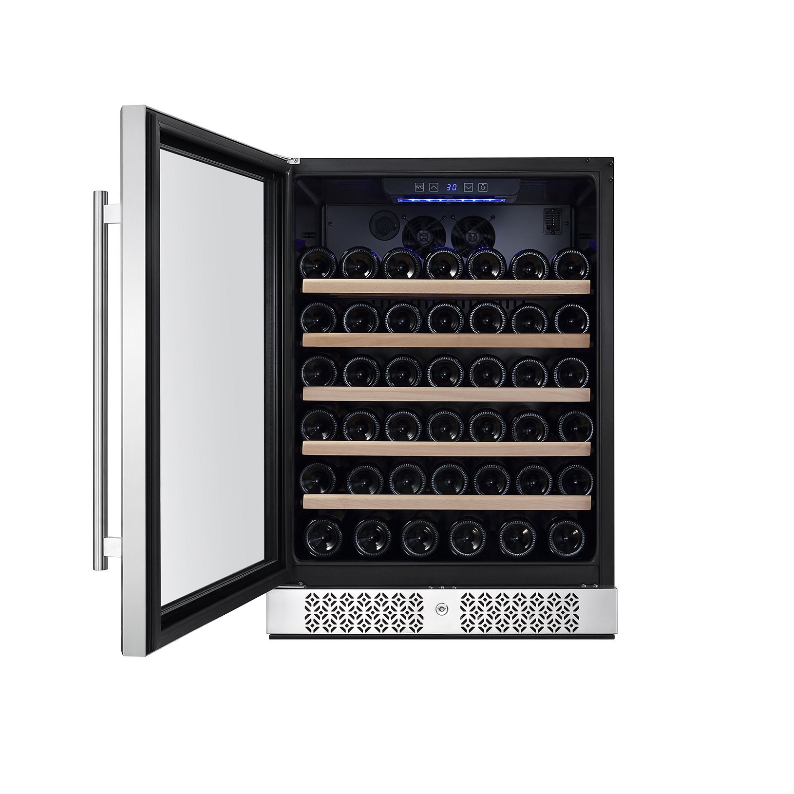 Empava WC03S 24 Inch Wine Cooler with a sleek stainless steel finish, showcasing its capacity to hold 52 bottles.