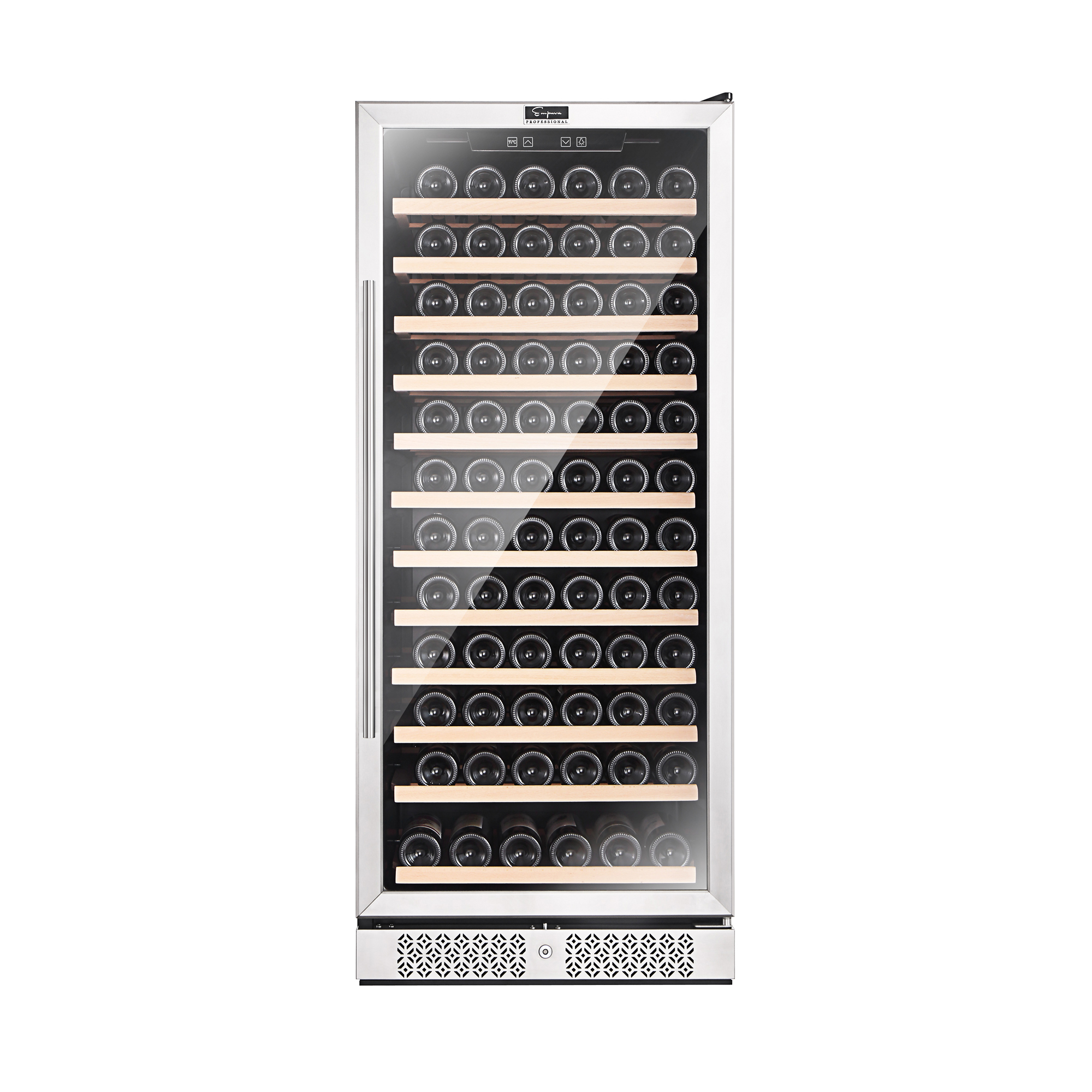 Empava WC05S 24" Wine Cooler with glass door and stainless steel accents, showcasing wine bottles inside.