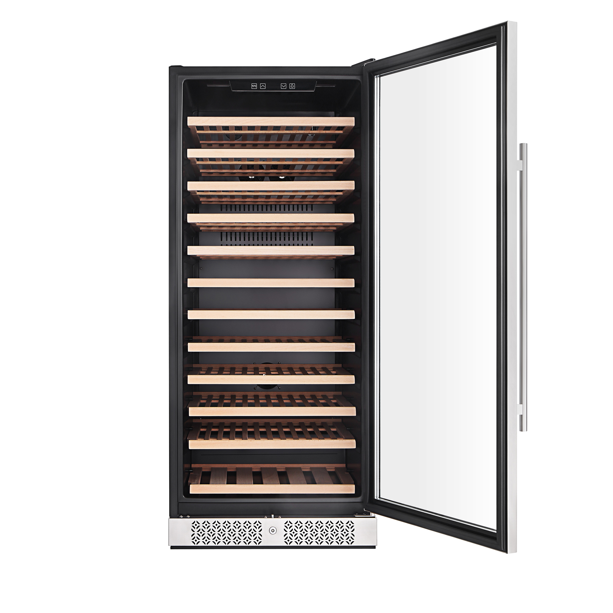 Empava WC05S 24" Wine Cooler with glass door and stainless steel accents, showcasing wine bottles inside.