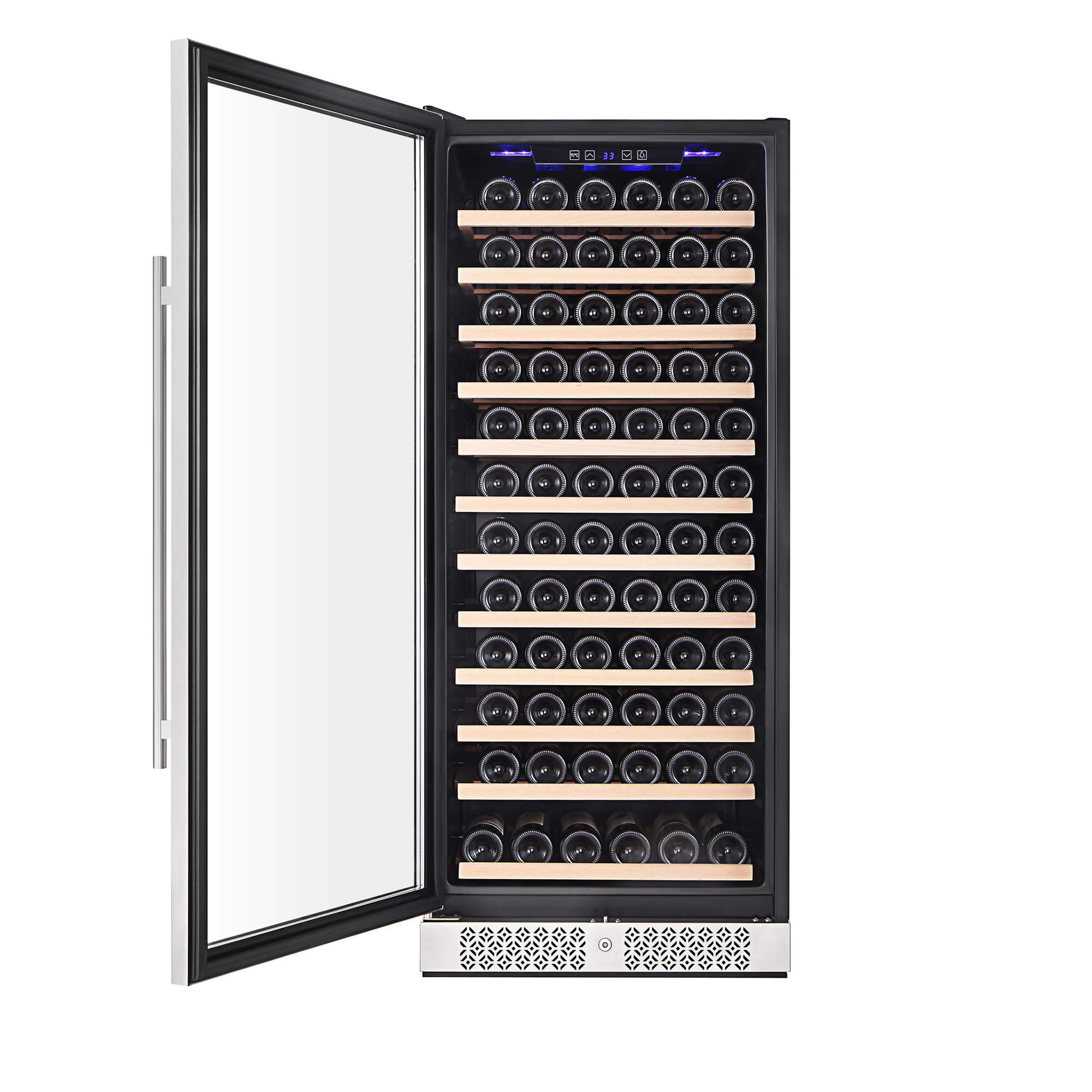 Empava WC05S 24" Wine Cooler with glass door and stainless steel accents, showcasing wine bottles inside.