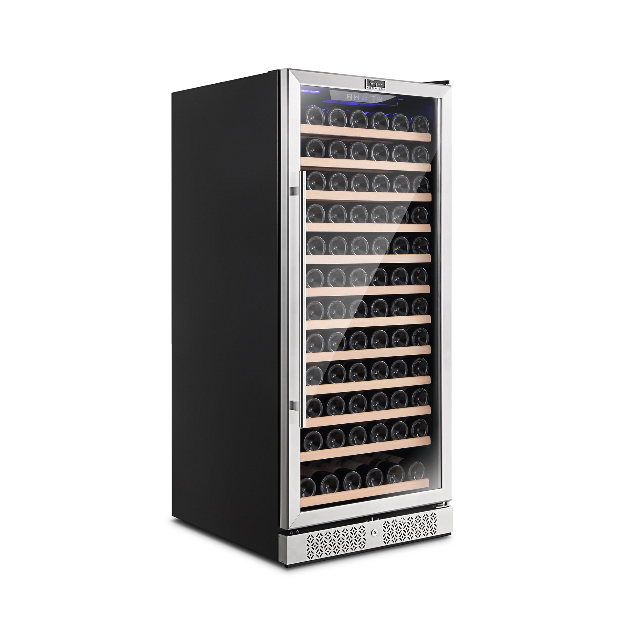 Empava WC05S 24" Wine Cooler with glass door and stainless steel accents, showcasing wine bottles inside.