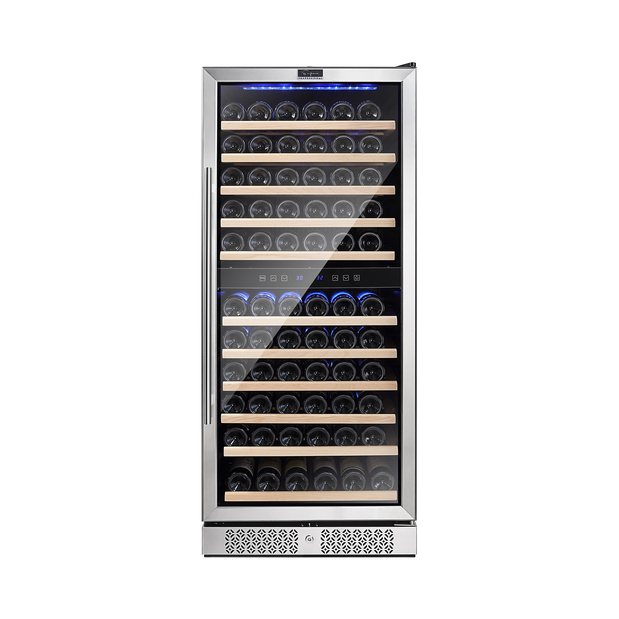 Empava WC06D Wine Refrigerator, 55 inches tall, dual zone wine fridge with glass door and LED lighting, holding up to 116 bottles.