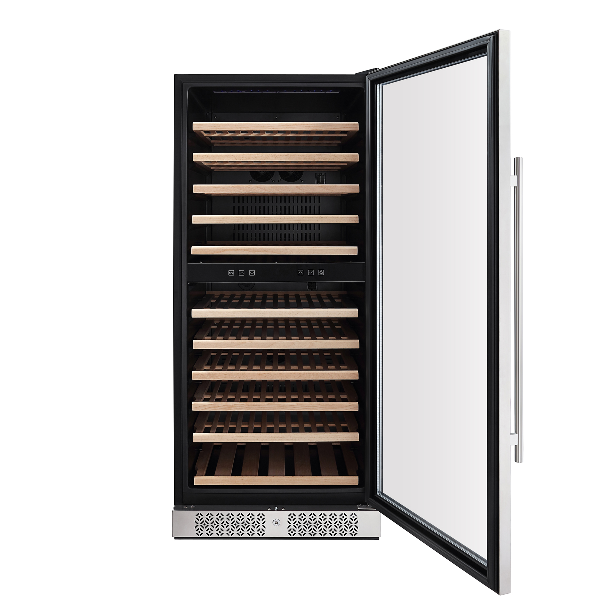 Empava WC06D Wine Refrigerator, 55 inches tall, dual zone wine fridge with glass door and LED lighting, holding up to 116 bottles.