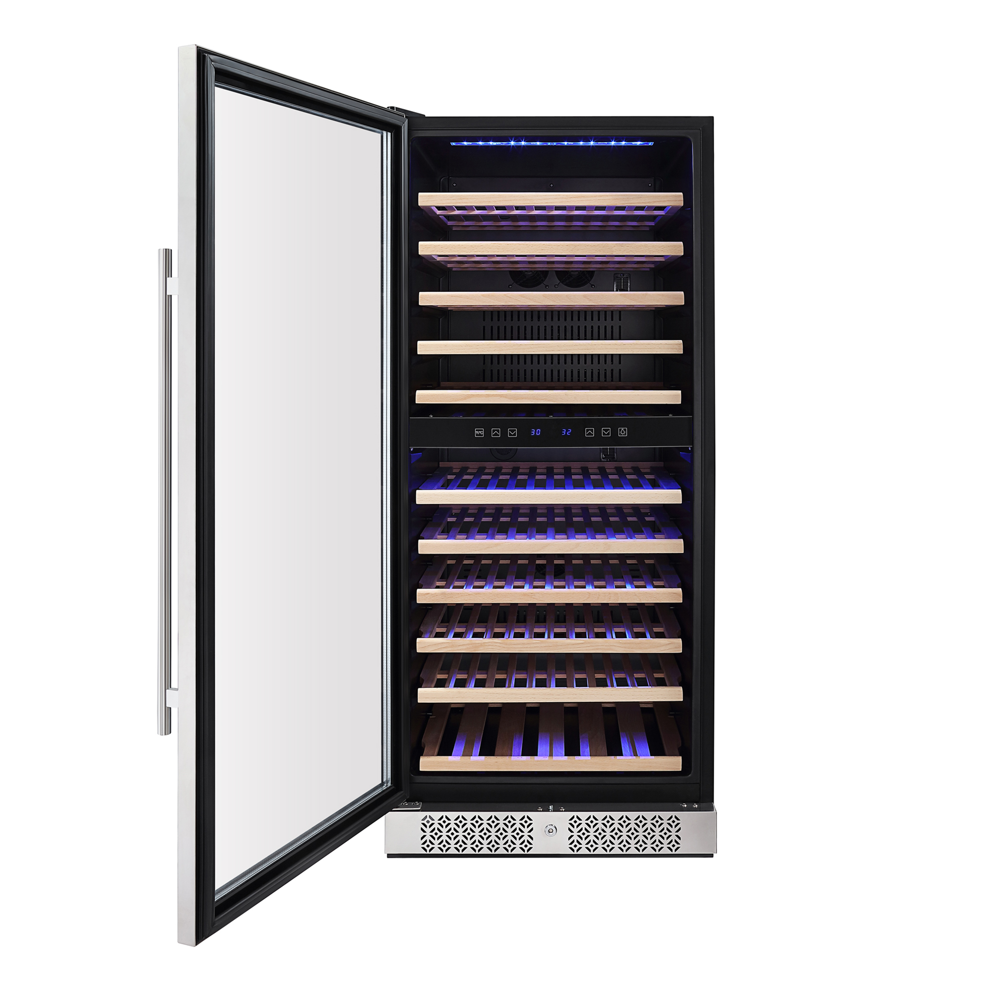 Empava WC06D Wine Refrigerator, 55 inches tall, dual zone wine fridge with glass door and LED lighting, holding up to 116 bottles.