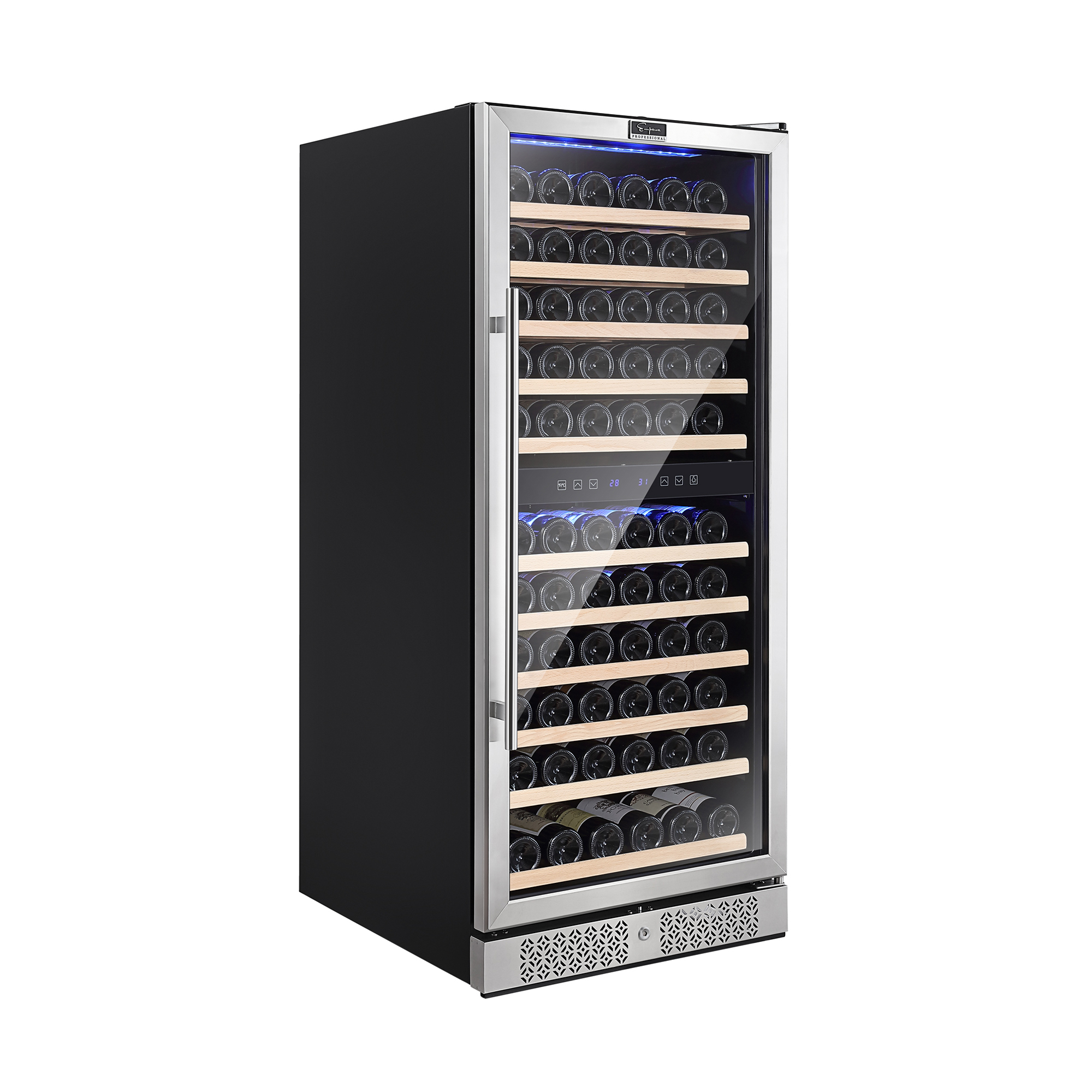 Empava WC06D Wine Refrigerator, 55 inches tall, dual zone wine fridge with glass door and LED lighting, holding up to 116 bottles.