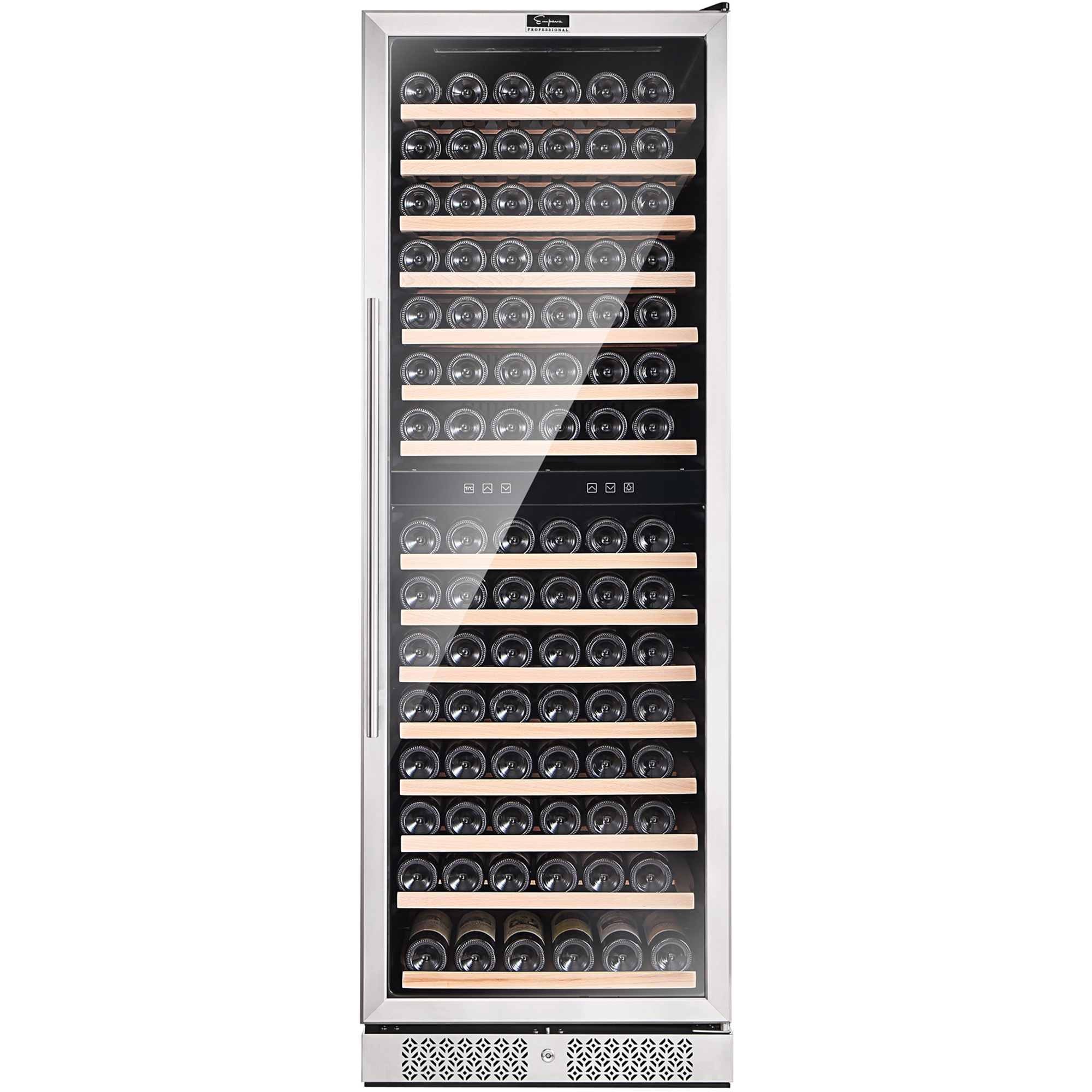 Empava WC08D Dual Zone Wine Cooler, 70 inches tall, stainless steel design with glass door, showcasing wine bottles inside.