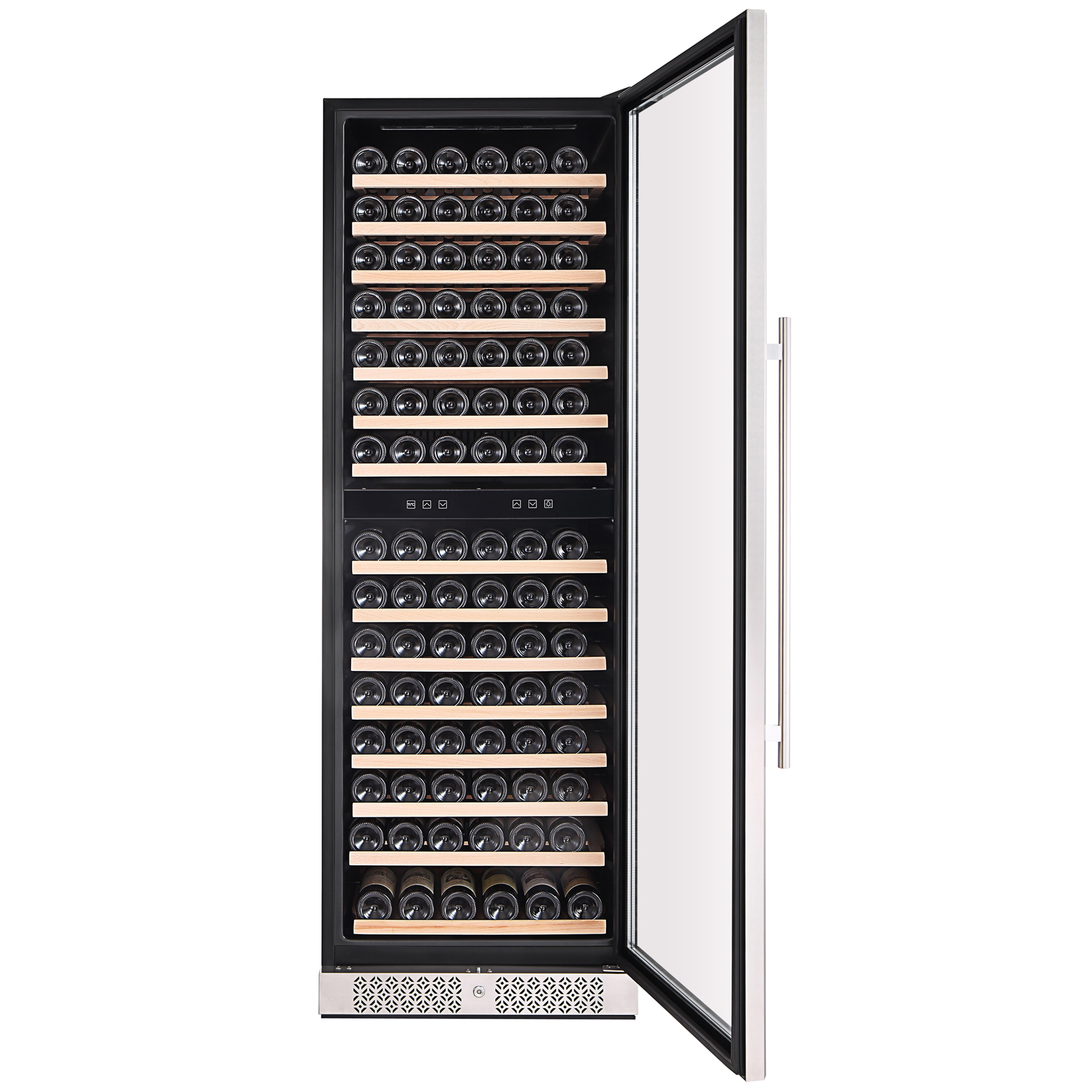 Empava WC08D Dual Zone Wine Cooler, 70 inches tall, stainless steel design with glass door, showcasing wine bottles inside.