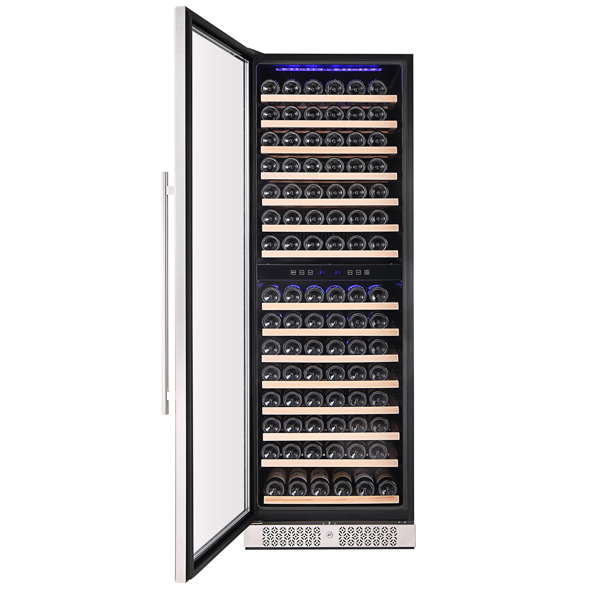 Empava WC08D Dual Zone Wine Cooler, 70 inches tall, stainless steel design with glass door, showcasing wine bottles inside.