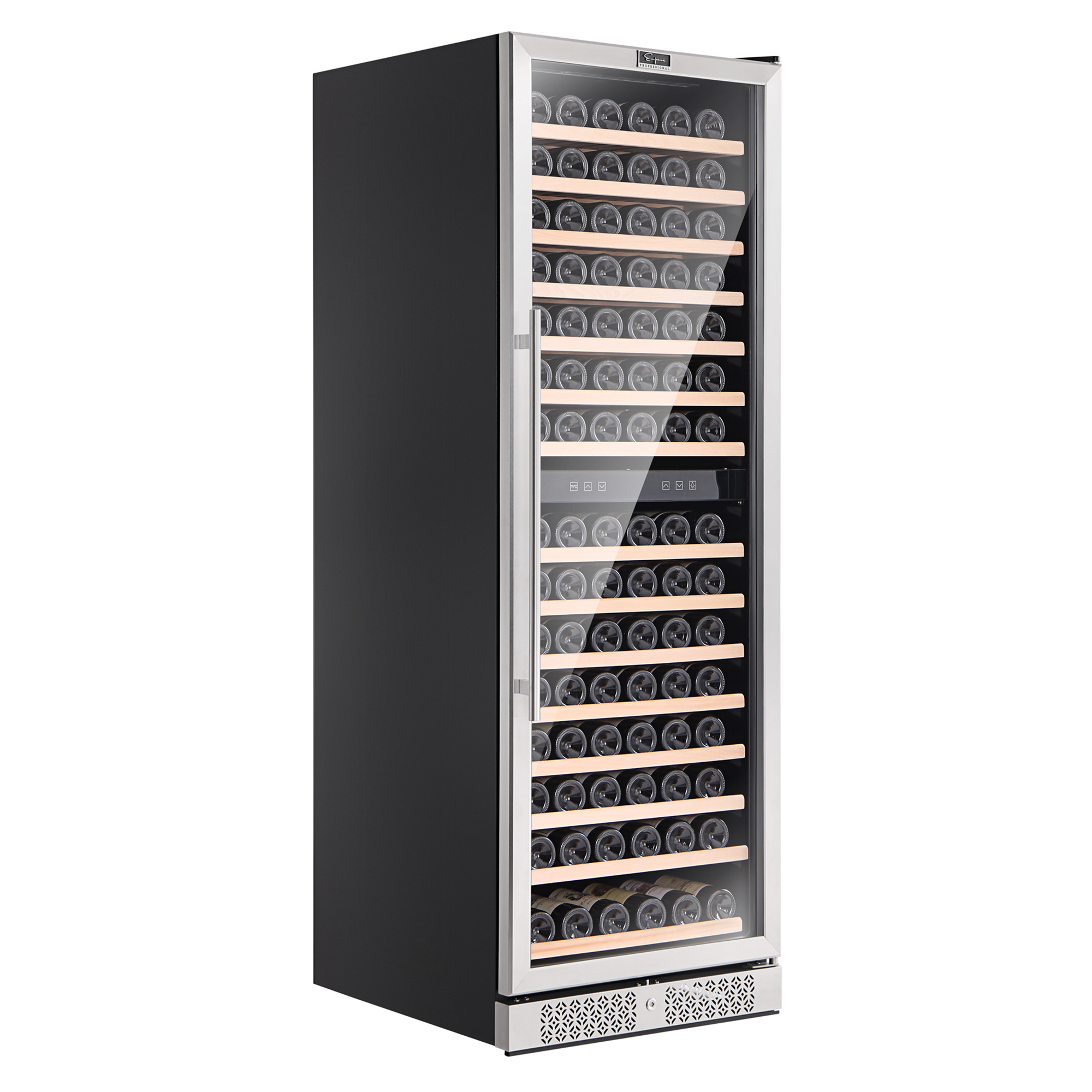 Empava WC08D Dual Zone Wine Cooler, 70 inches tall, stainless steel design with glass door, showcasing wine bottles inside.