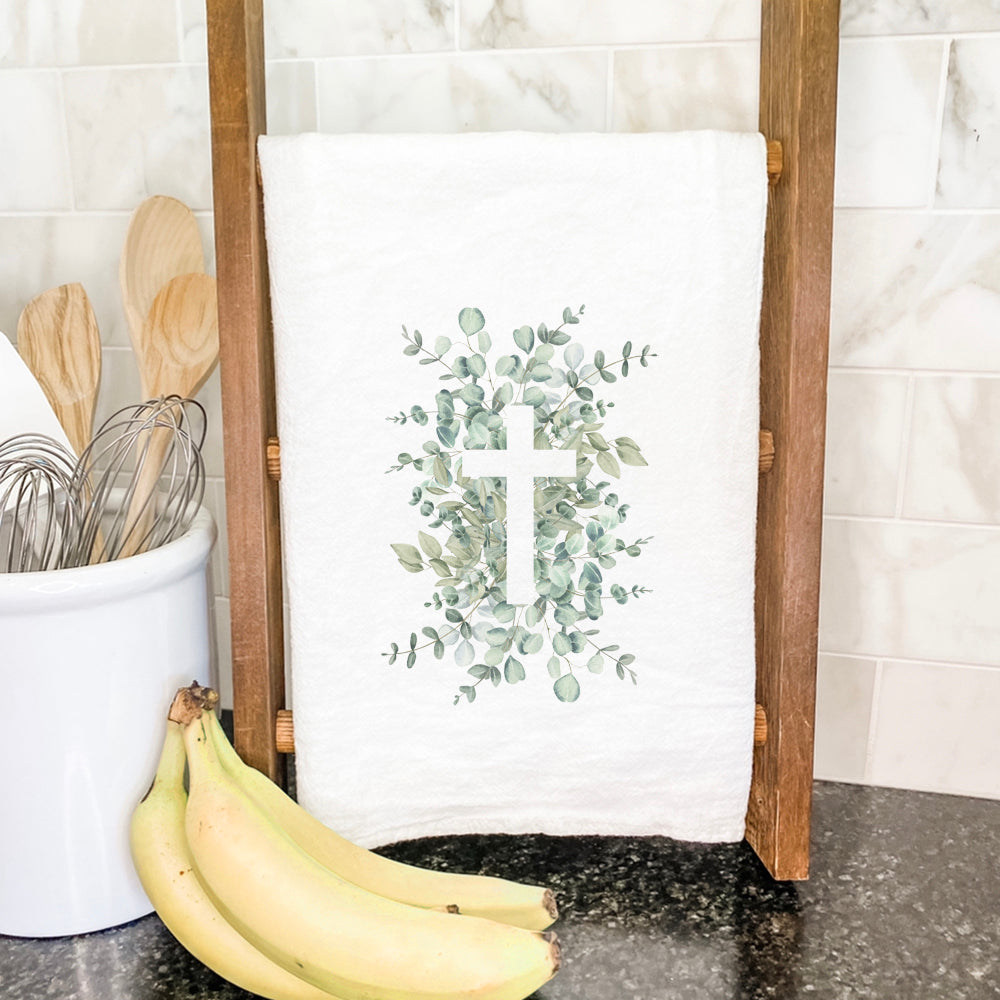 Eucalyptus Cross cotton tea towel featuring vibrant water-based ink design, hemmed edges, and absorbent fabric, perfect for kitchen use.