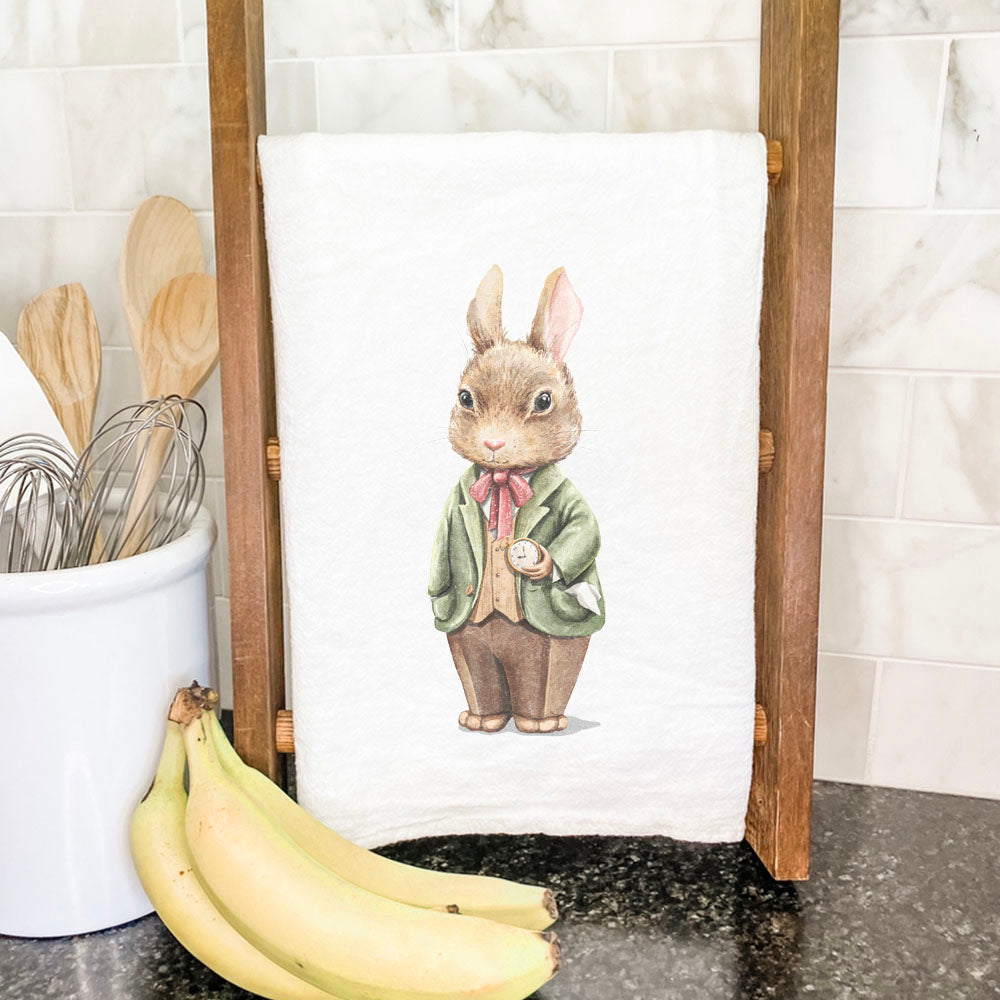 Fairytale Mr. Rabbit cotton tea towel featuring a whimsical rabbit design, made from 100% absorbent cotton.