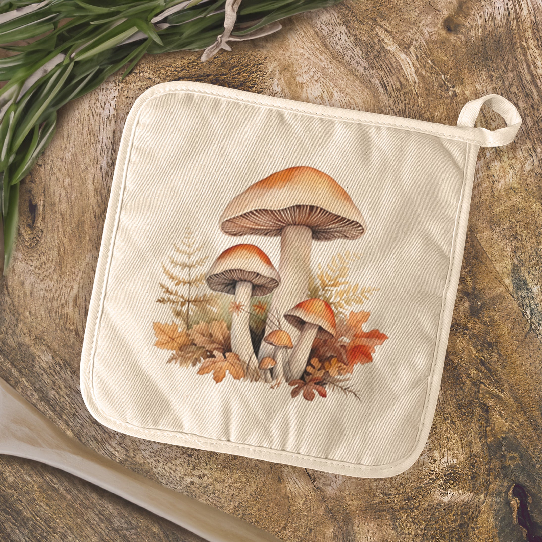 Fall Forest Mushrooms cotton pot holder featuring vibrant mushroom designs on a natural background, perfect for kitchen use.