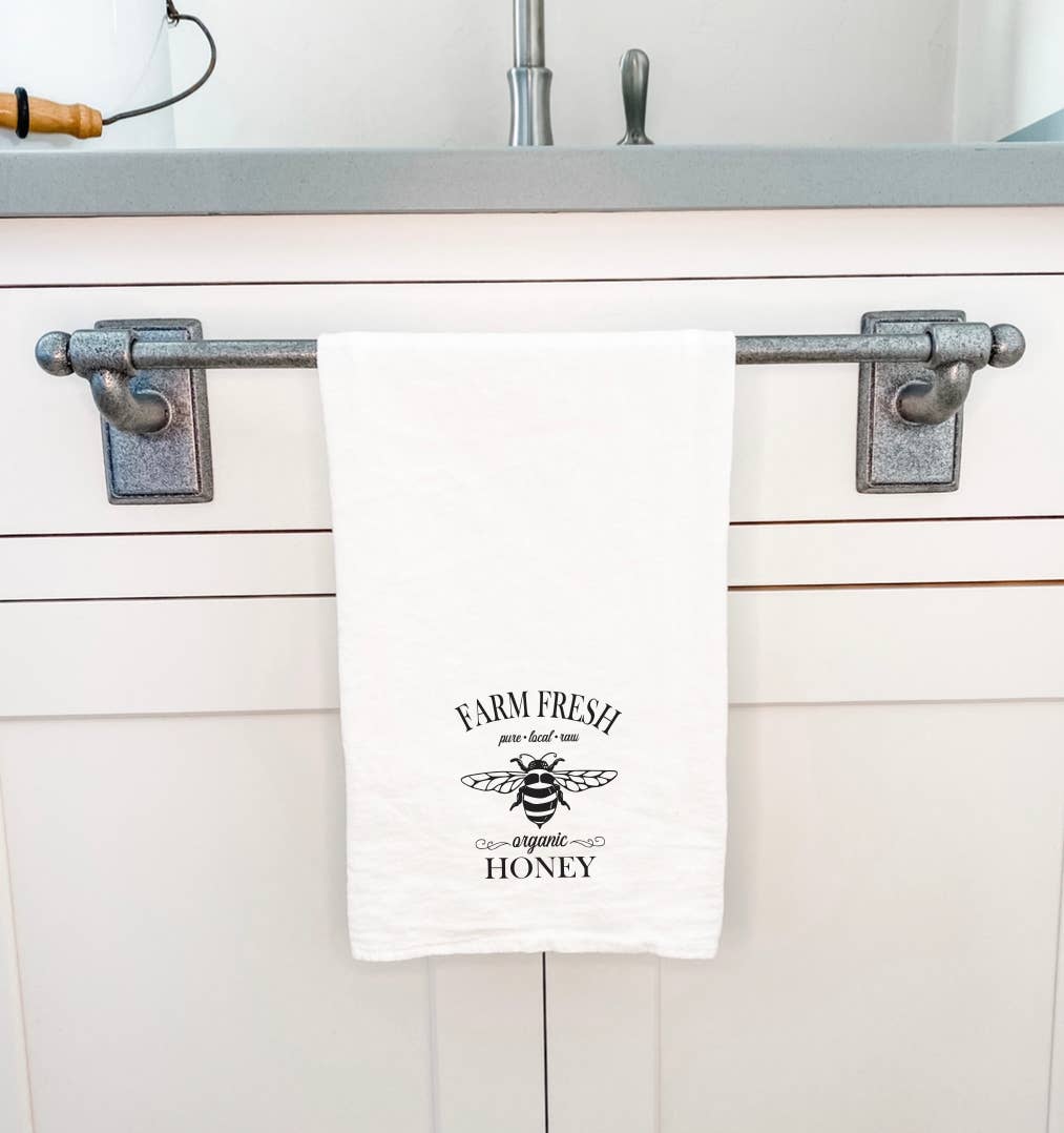 Farm Fresh Honey cotton tea towel featuring vibrant water-based ink design, perfect for kitchen use.