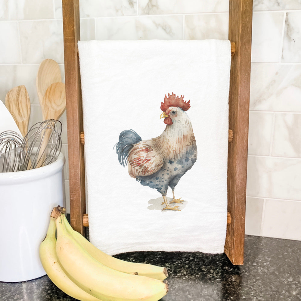 Farmhouse Chicken Cotton Tea Towel featuring a vibrant chicken design, made from 100% absorbent cotton, ideal for kitchen use.