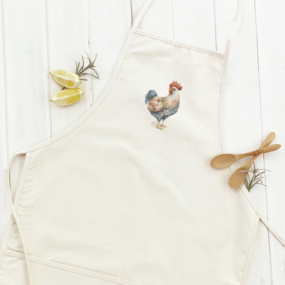 Farmhouse Chicken Women's Apron featuring a stylish design, adjustable neck, and divided front pocket, made from durable cotton canvas.