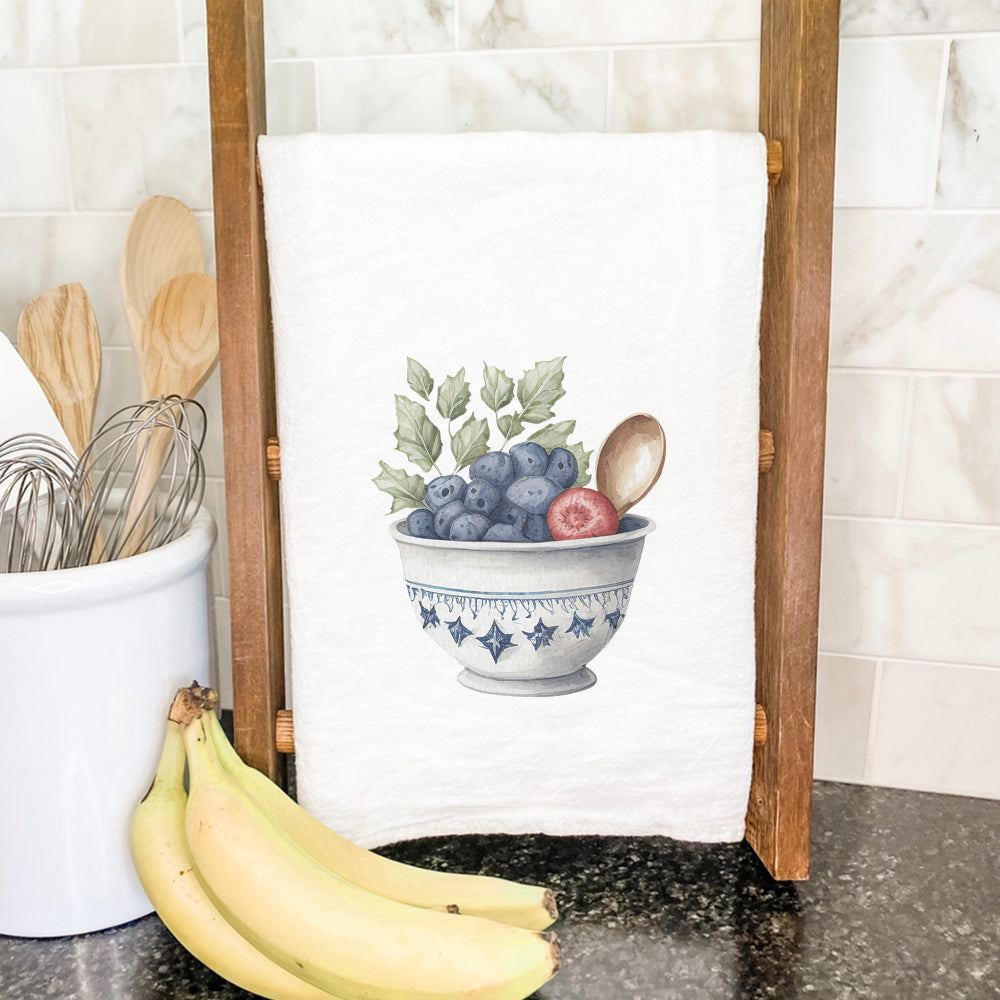 Farmhouse Fruit Bowl cotton tea towel featuring vibrant designs and absorbent fabric, perfect for kitchen use.